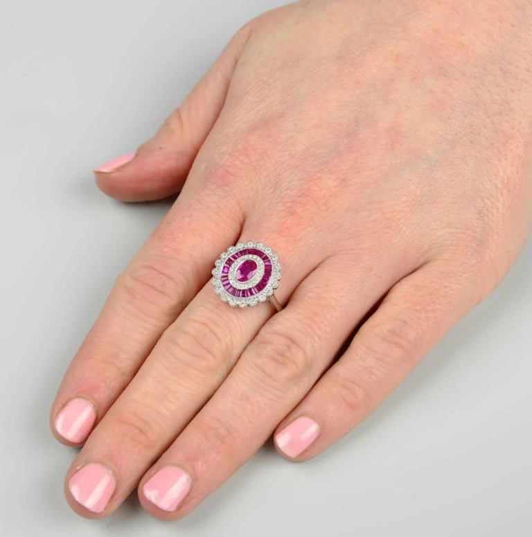 Ruby and Diamond 18k White Gold Cluster Target / Flower Ring For Sale ...