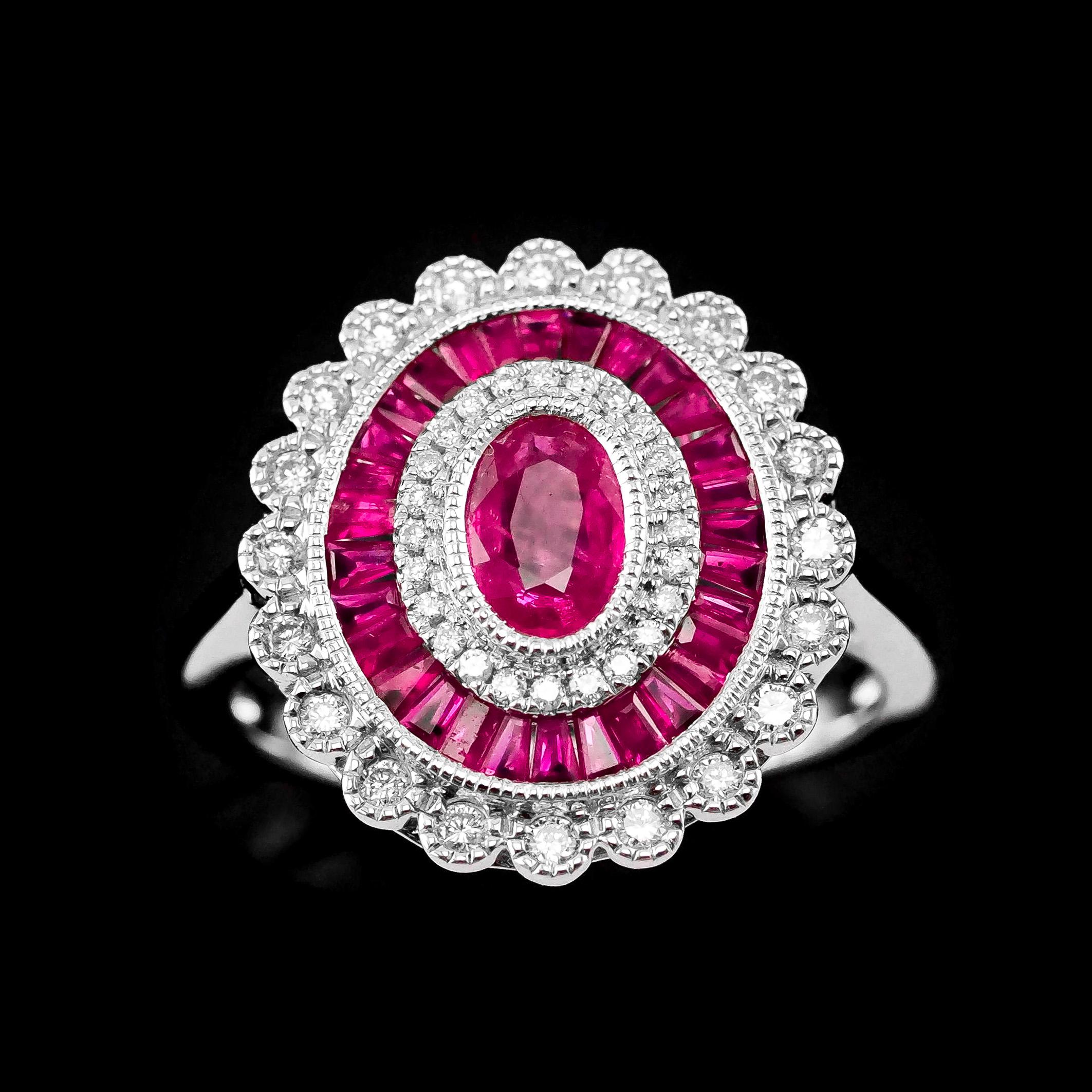 18 Karat Weißgold Cluster Target / Blumenring mit Rubin und Diamant 4