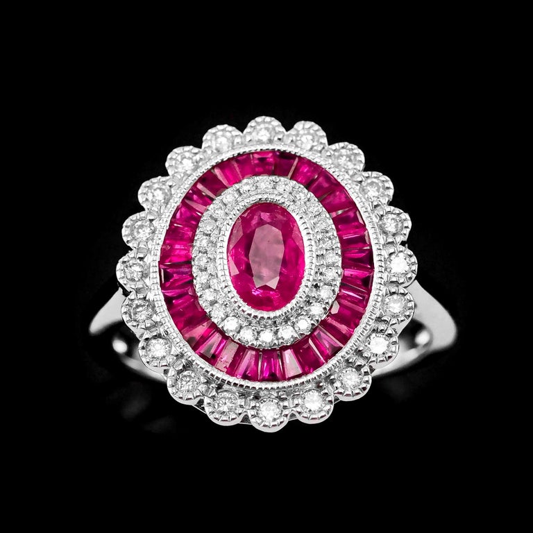 Ruby and Diamond 18k White Gold Cluster Target / Flower Ring For Sale ...