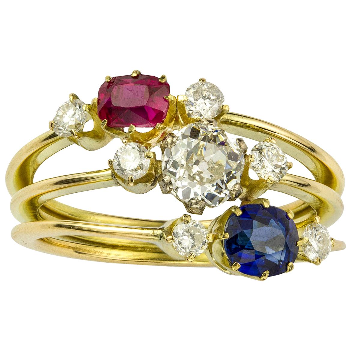 Ruby, Diamond and Sapphire Three-Row Ring For Sale