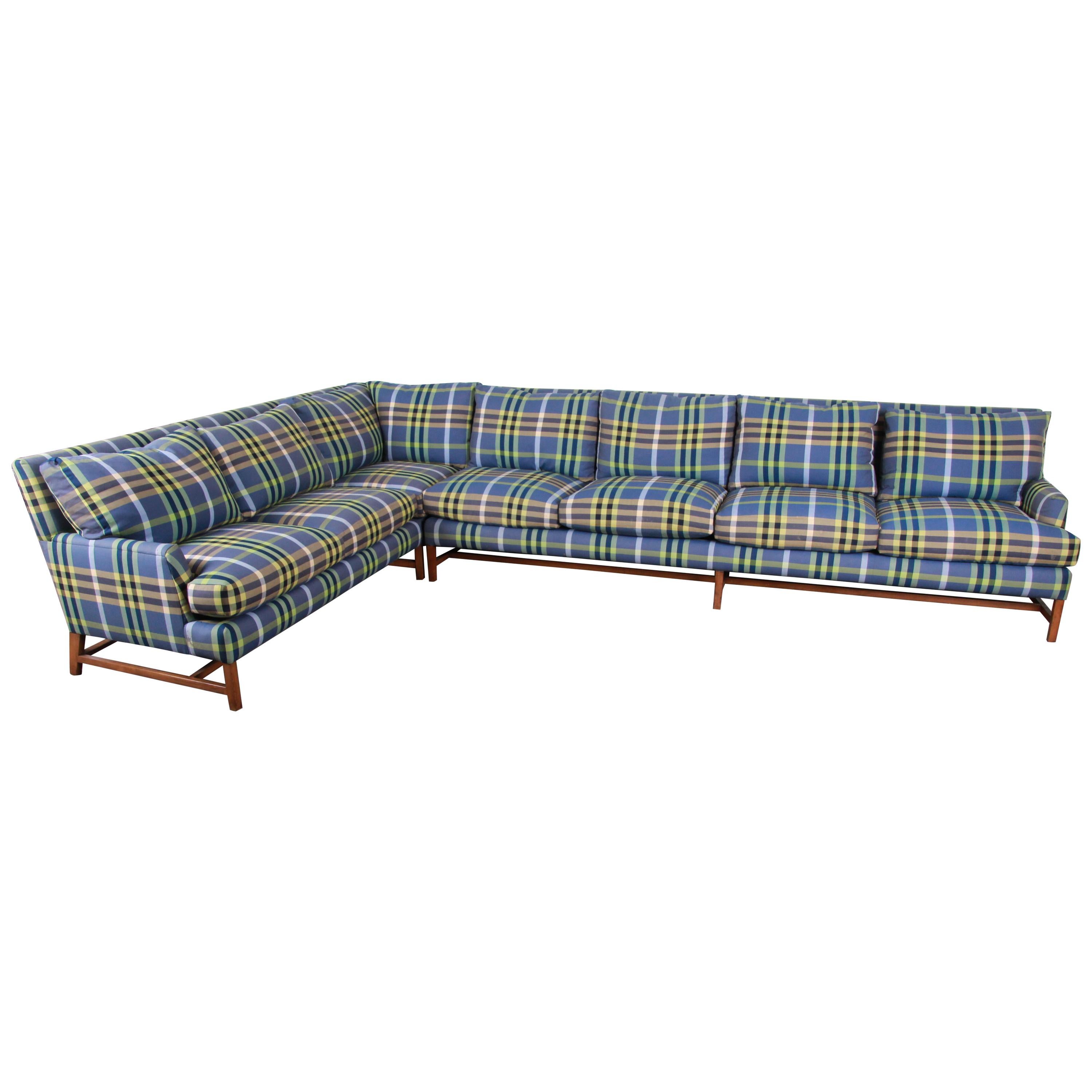 A. Rudin Down Filled Two-Piece Sectional Sofa in Plaid Upholstery