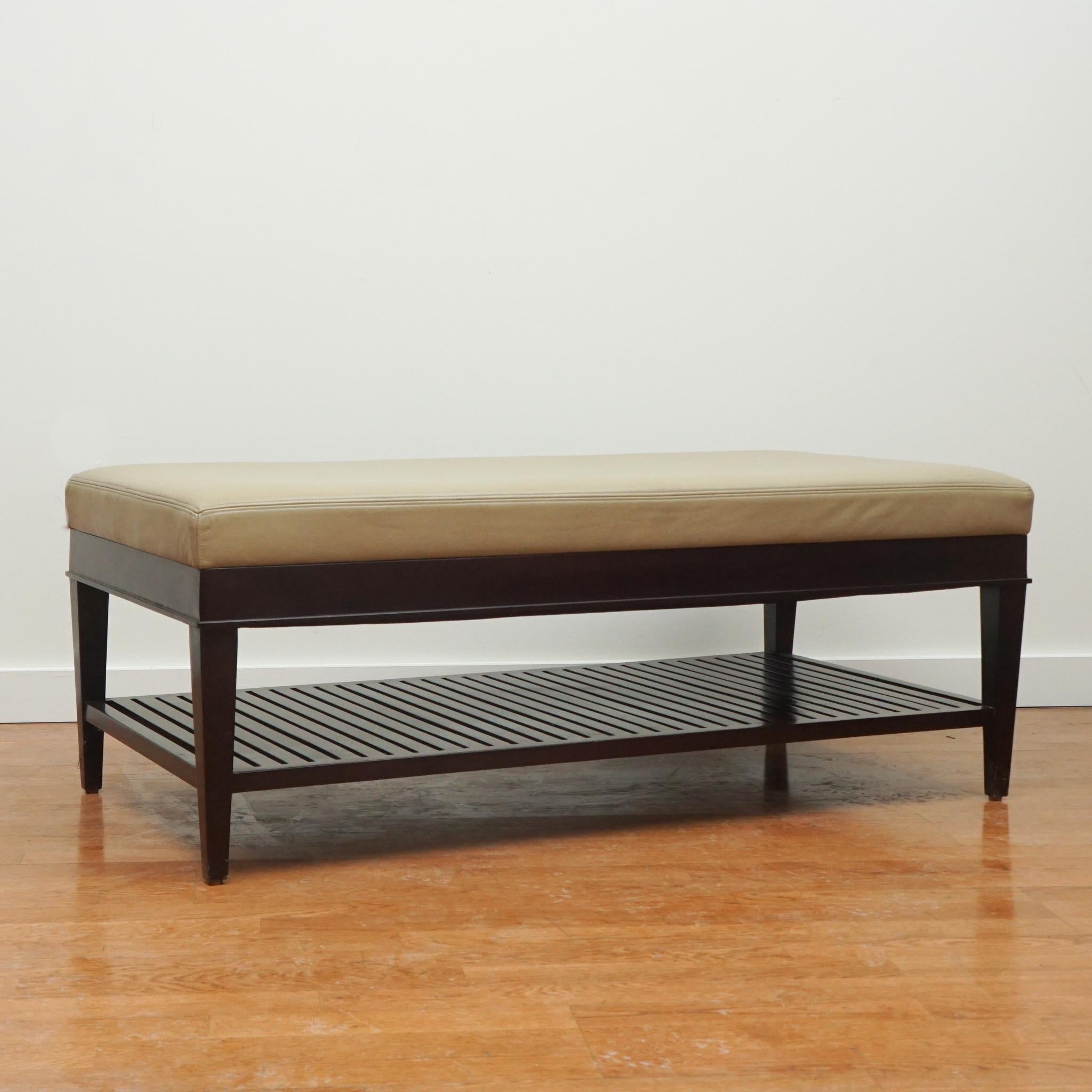 Machine-Made A. Rudin Leather Bench/Ottoman with Slat Bottom Shelf