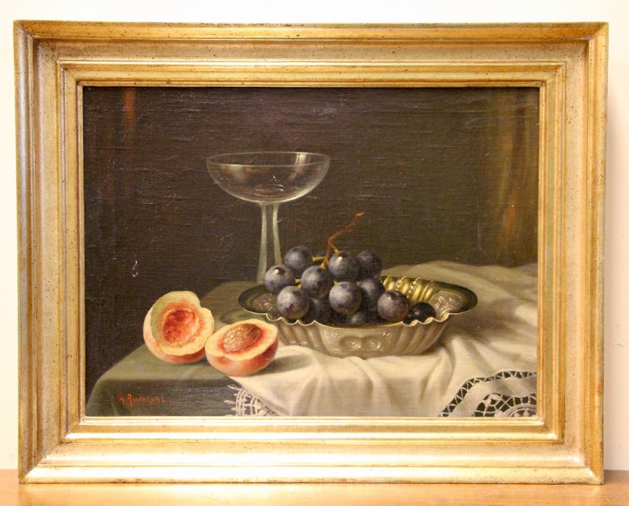 Antikes Stilleben mit Trauben und Pfirsichen von A. Rudolphi, Öl auf Leinwand im Angebot 2