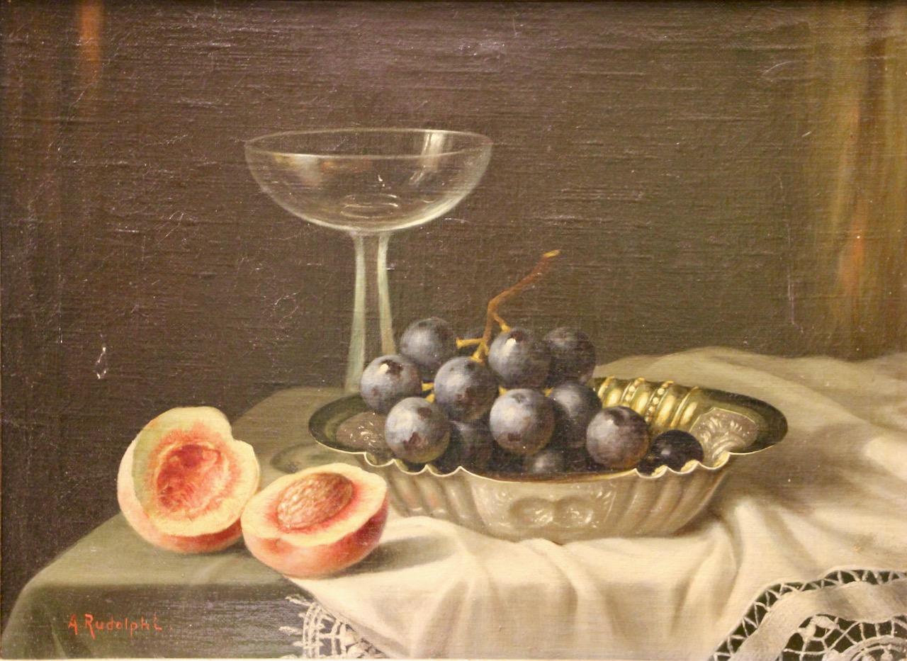 Antikes Stilleben mit Trauben und Pfirsichen von A. Rudolphi, Öl auf Leinwand im Angebot 3