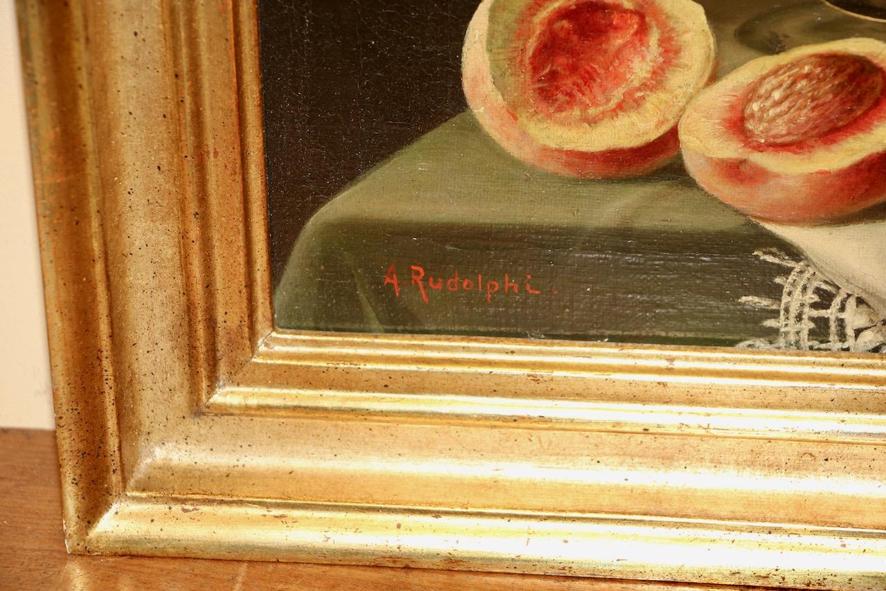 Antikes Stilleben mit Trauben und Pfirsichen von A. Rudolphi, Öl auf Leinwand im Angebot 4
