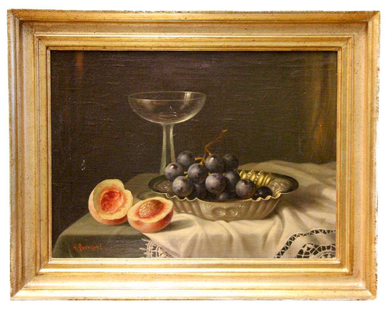 Antikes Stilleben mit Trauben und Pfirsichen von A. Rudolphi, Öl auf Leinwand