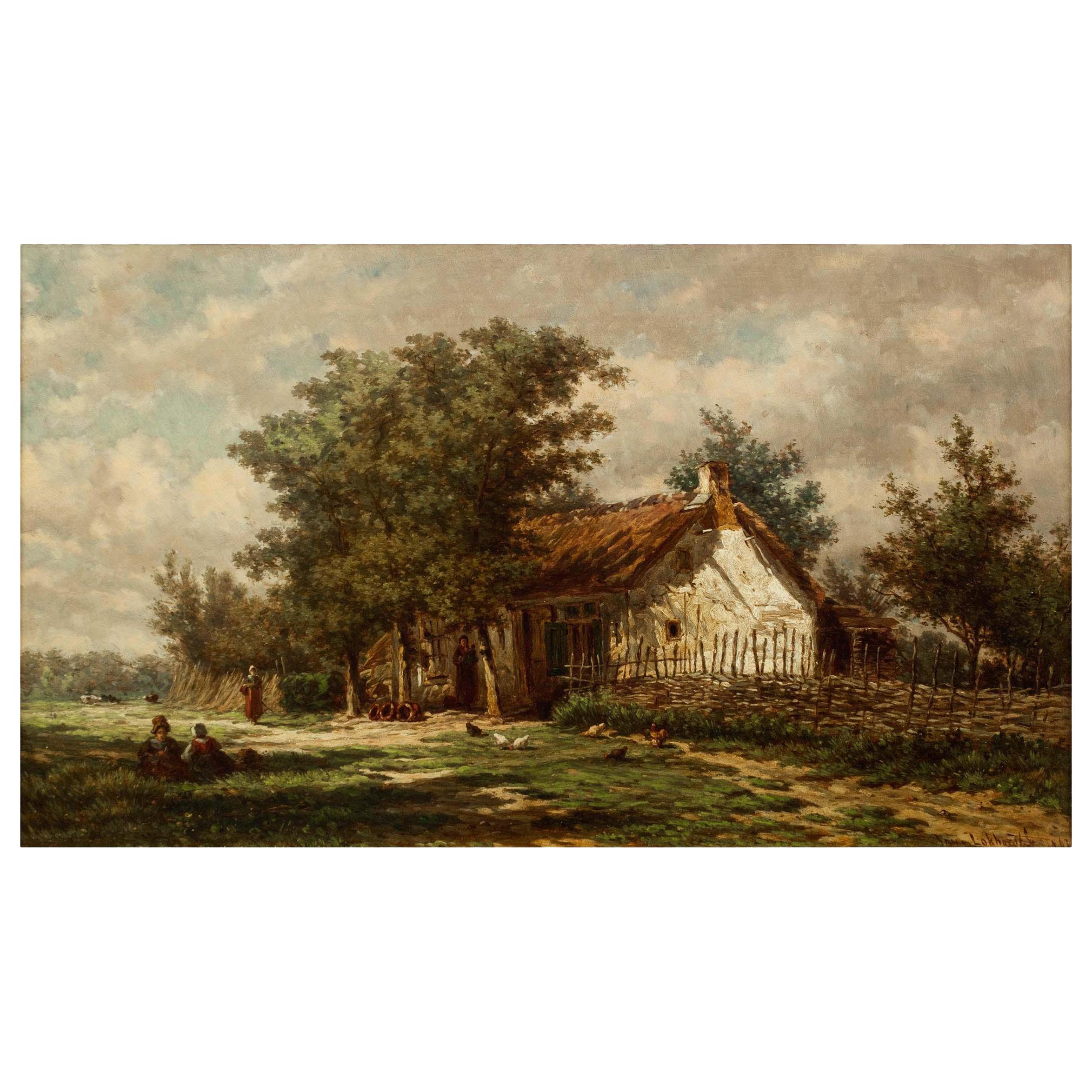 Barbizon Landscape Painting by Jan van Lokhorst "A Rural Cottage" (1867) 