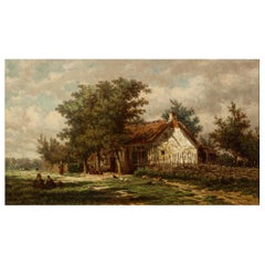 Barbizon Landscape Painting by Jan van Lokhorst "A Rural Cottage" (1867) 