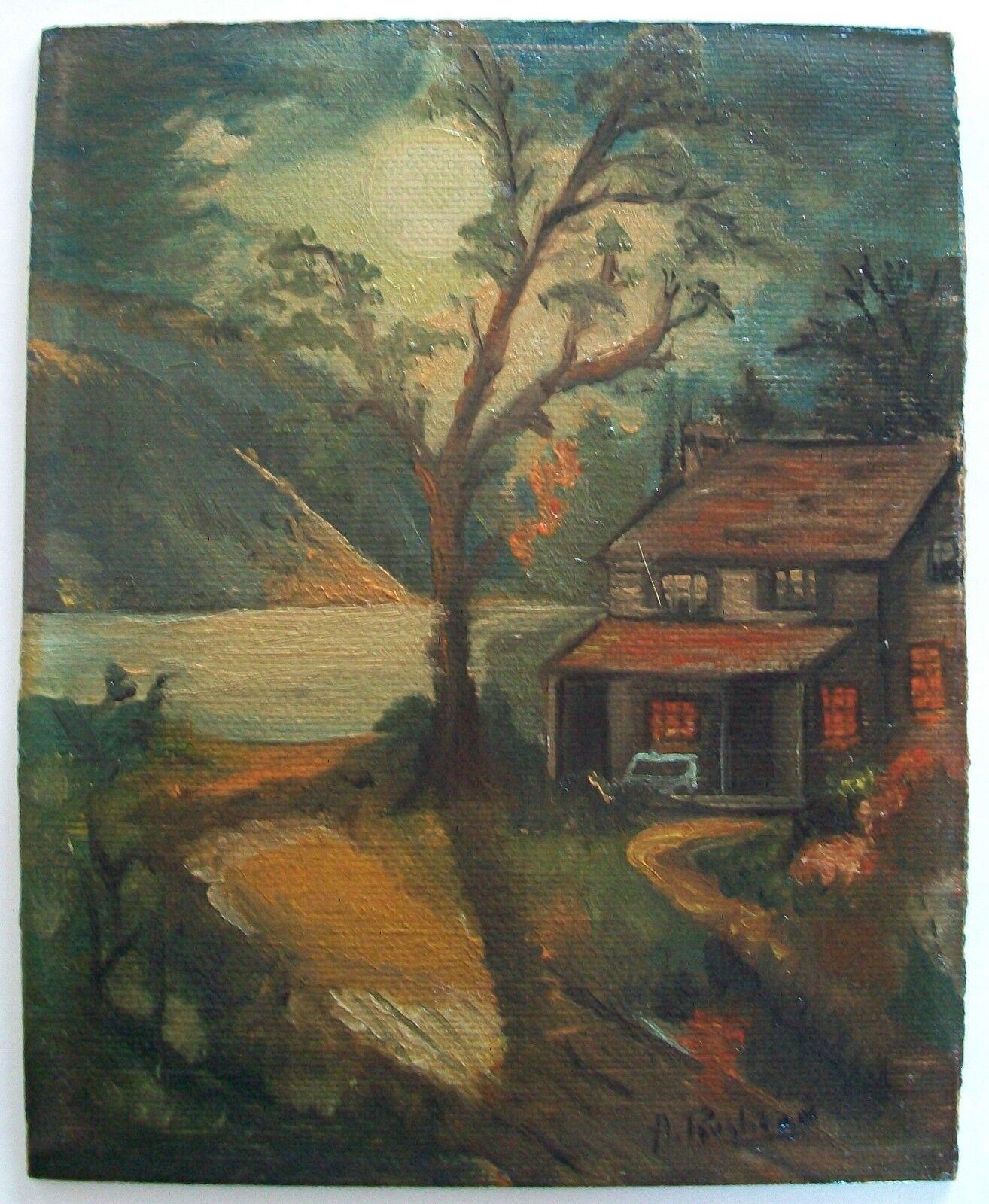 A. RUSHTON - Dipinto a olio di arte popolare d'epoca su pannello rivestito di tela - firmato in basso a destra - incorniciato (probabilmente originale) - Canada - metà del XX secolo.

Buone condizioni d'epoca - vernice ingiallita - nessuna perdita -