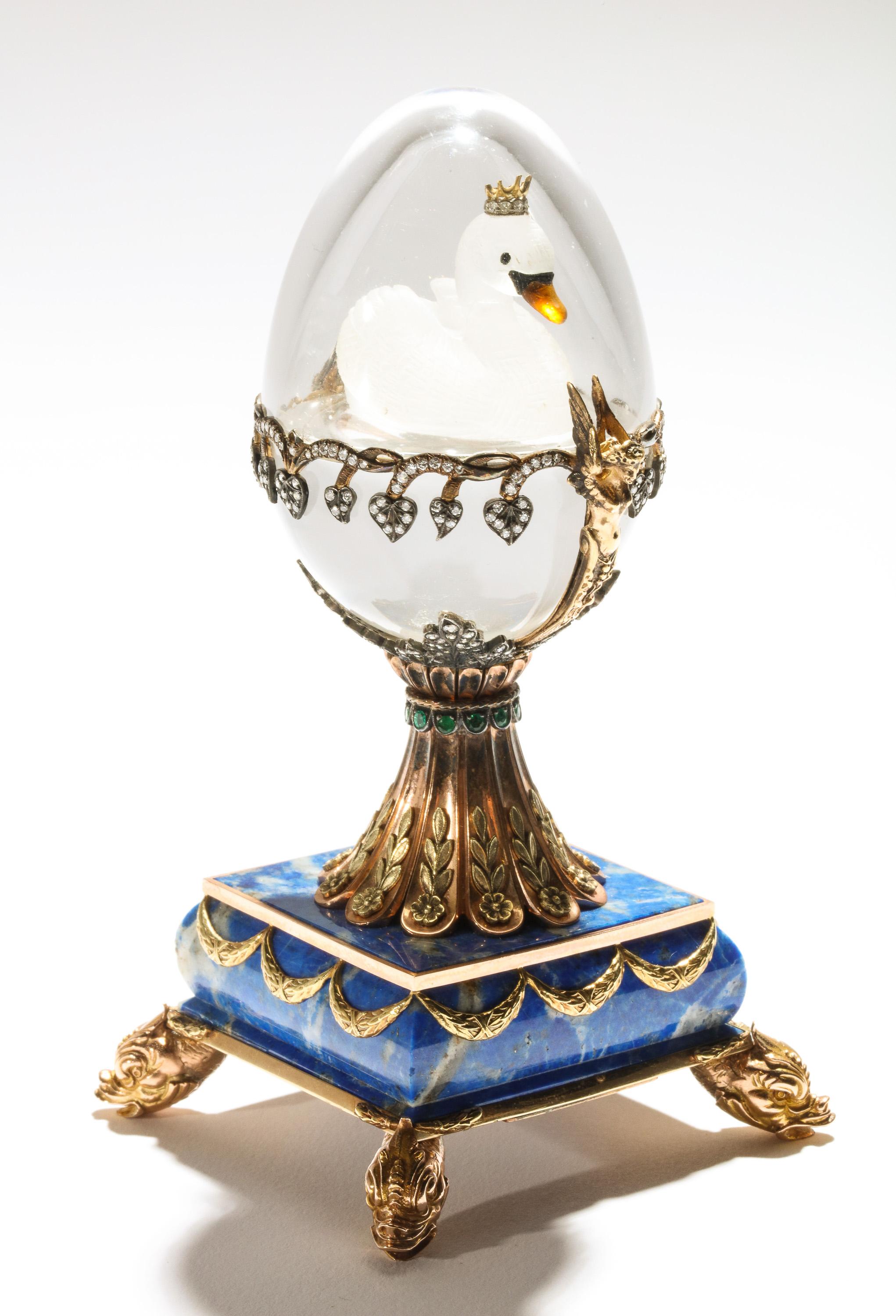 Russian 14-Karat Gold, Diamonds, Emeralds, Lapis Lazuli and Glass Egg with Swan 5