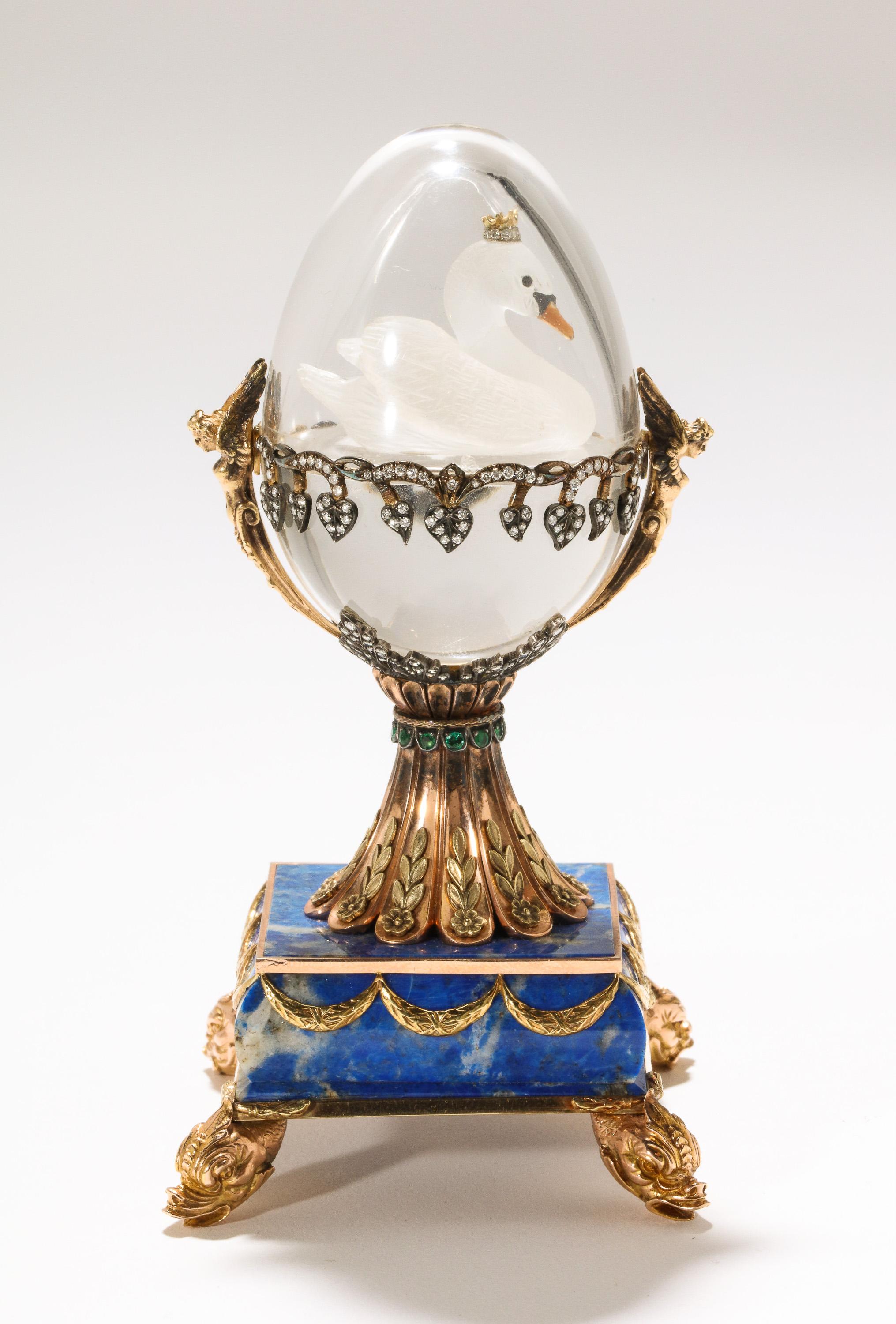 Russian 14-Karat Gold, Diamonds, Emeralds, Lapis Lazuli and Glass Egg with Swan 6