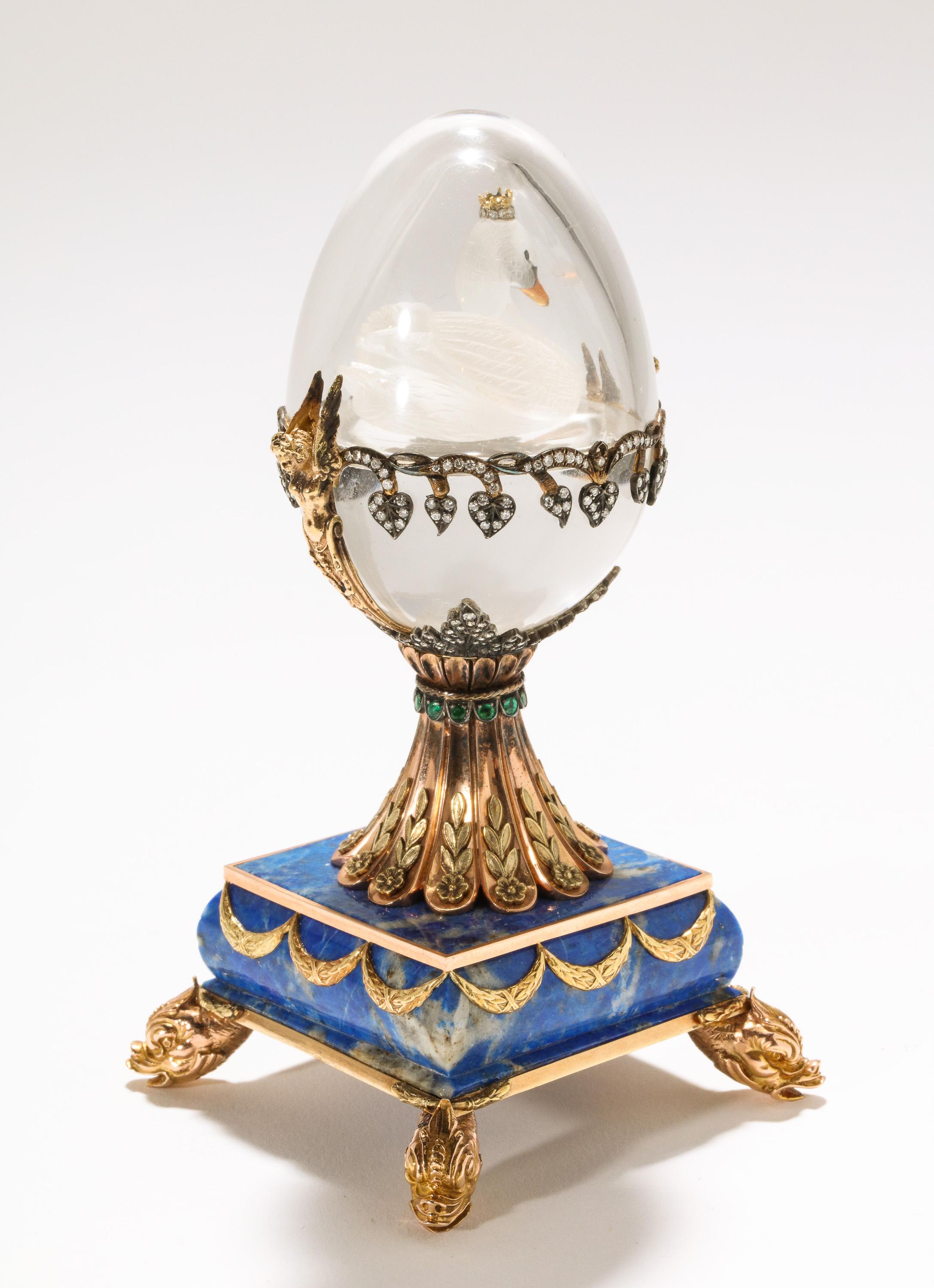 Russian 14-Karat Gold, Diamonds, Emeralds, Lapis Lazuli and Glass Egg with Swan 7