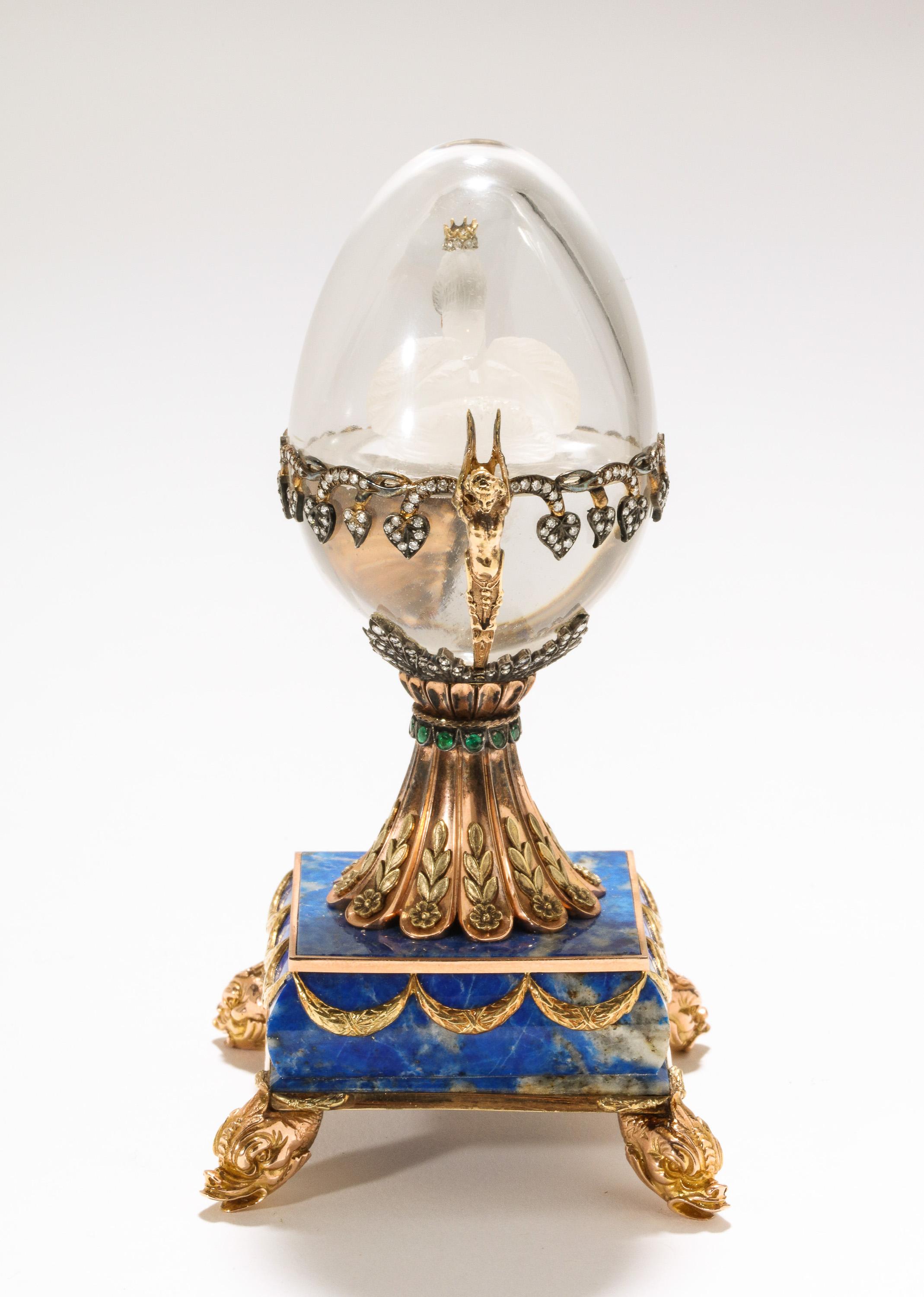 Russian 14-Karat Gold, Diamonds, Emeralds, Lapis Lazuli and Glass Egg with Swan 8