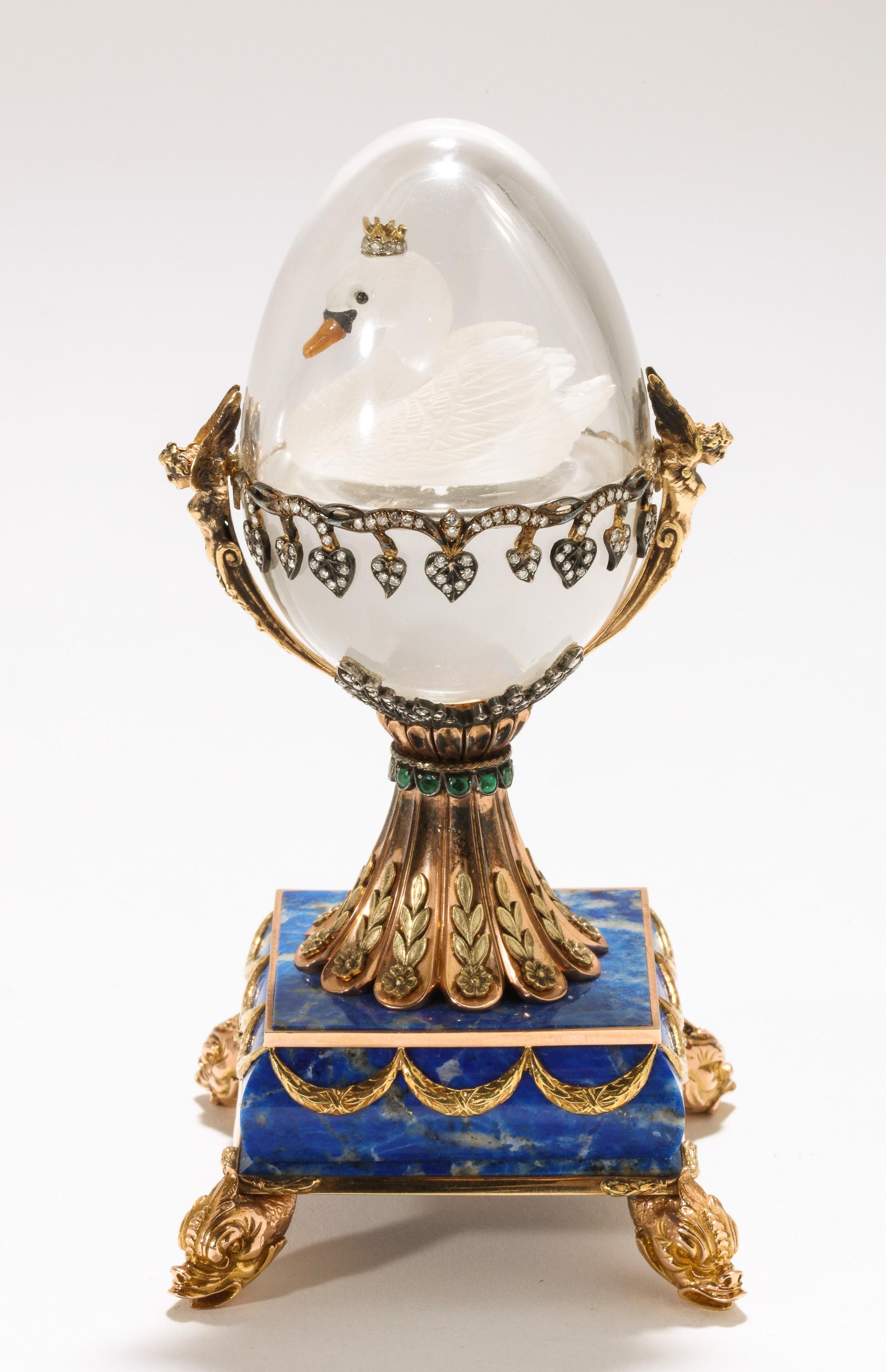 Russian 14-Karat Gold, Diamonds, Emeralds, Lapis Lazuli and Glass Egg with Swan 11