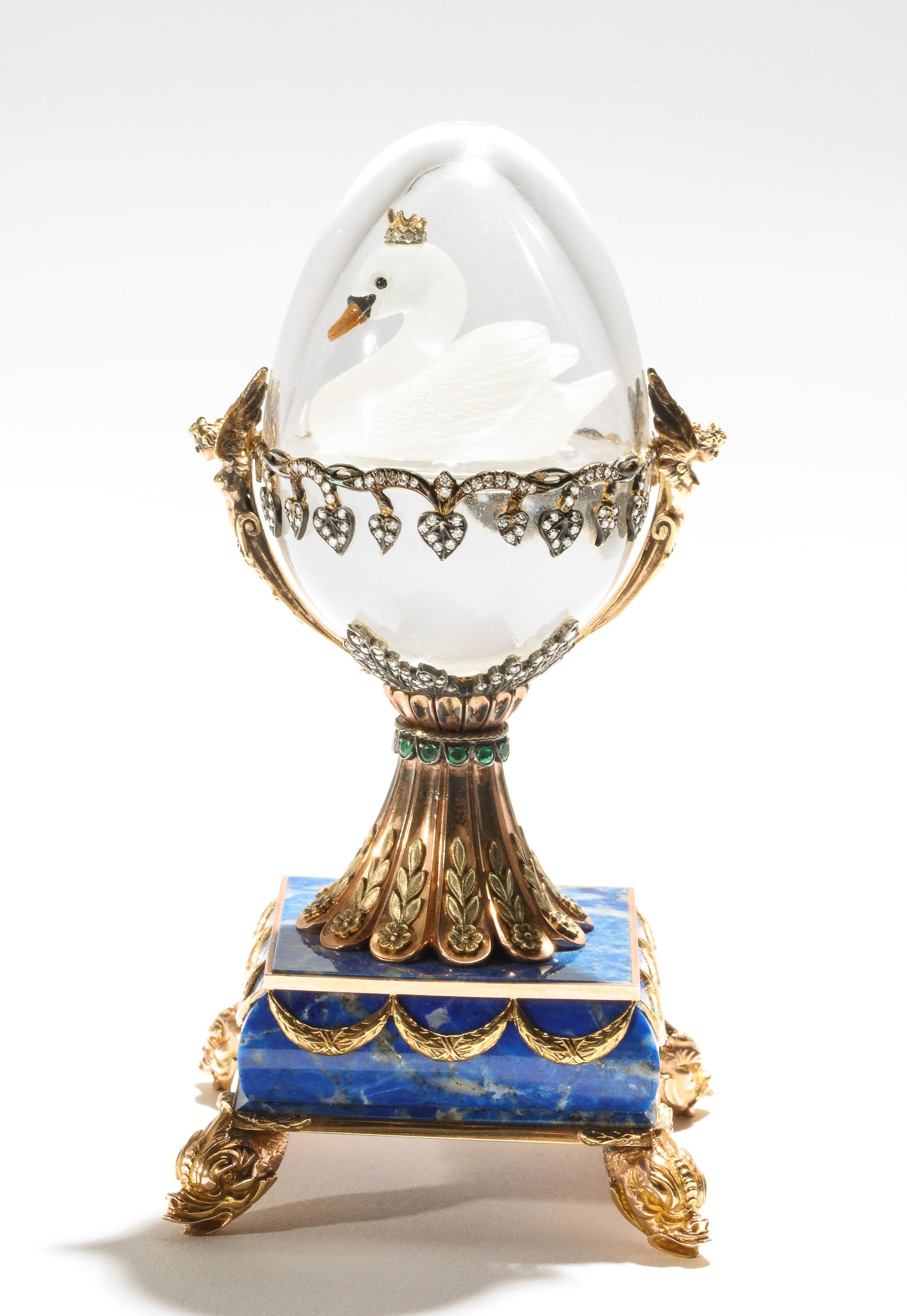 North American Russian 14-Karat Gold, Diamonds, Emeralds, Lapis Lazuli and Glass Egg with Swan