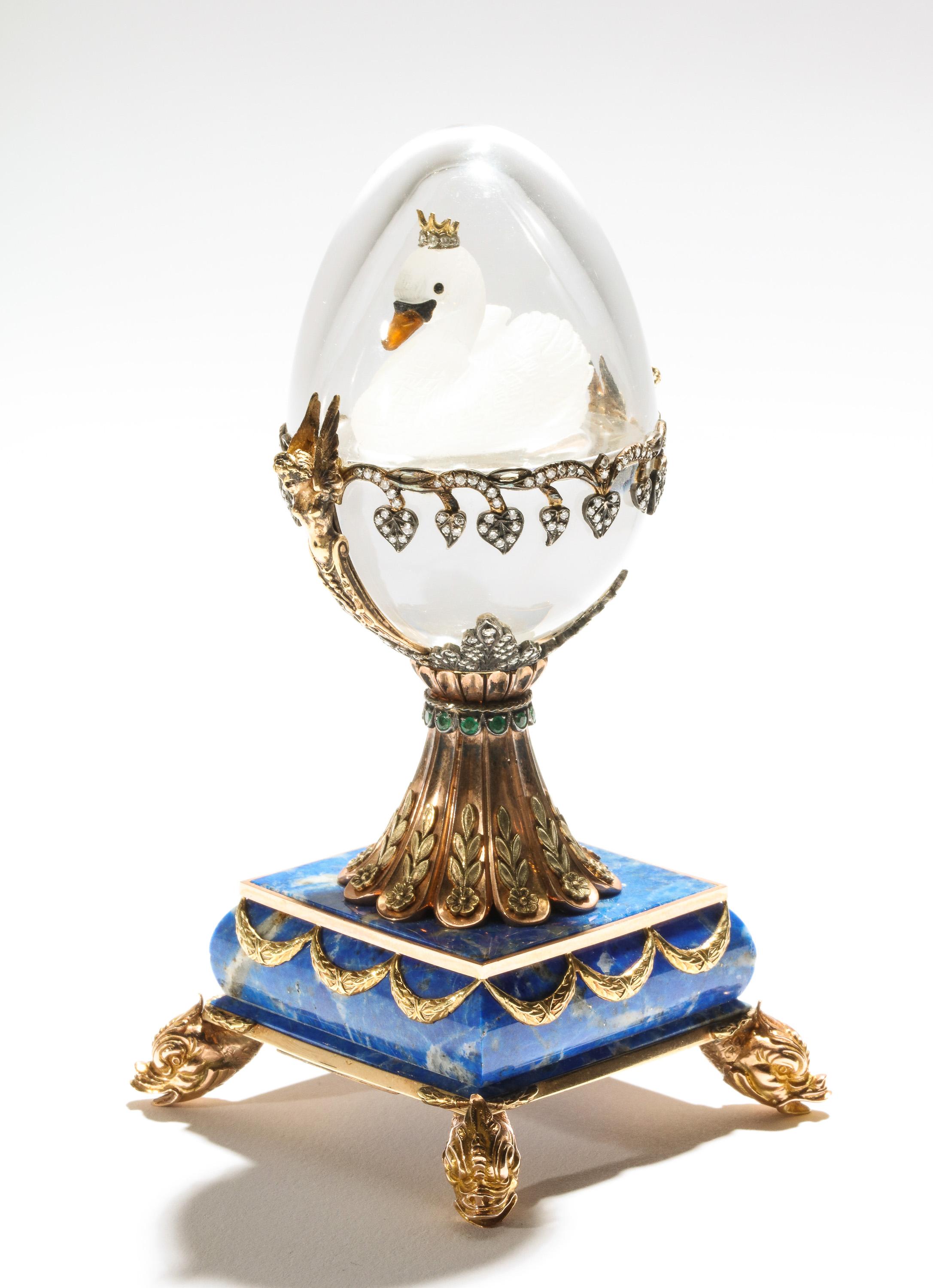 Russian 14-Karat Gold, Diamonds, Emeralds, Lapis Lazuli and Glass Egg with Swan 1