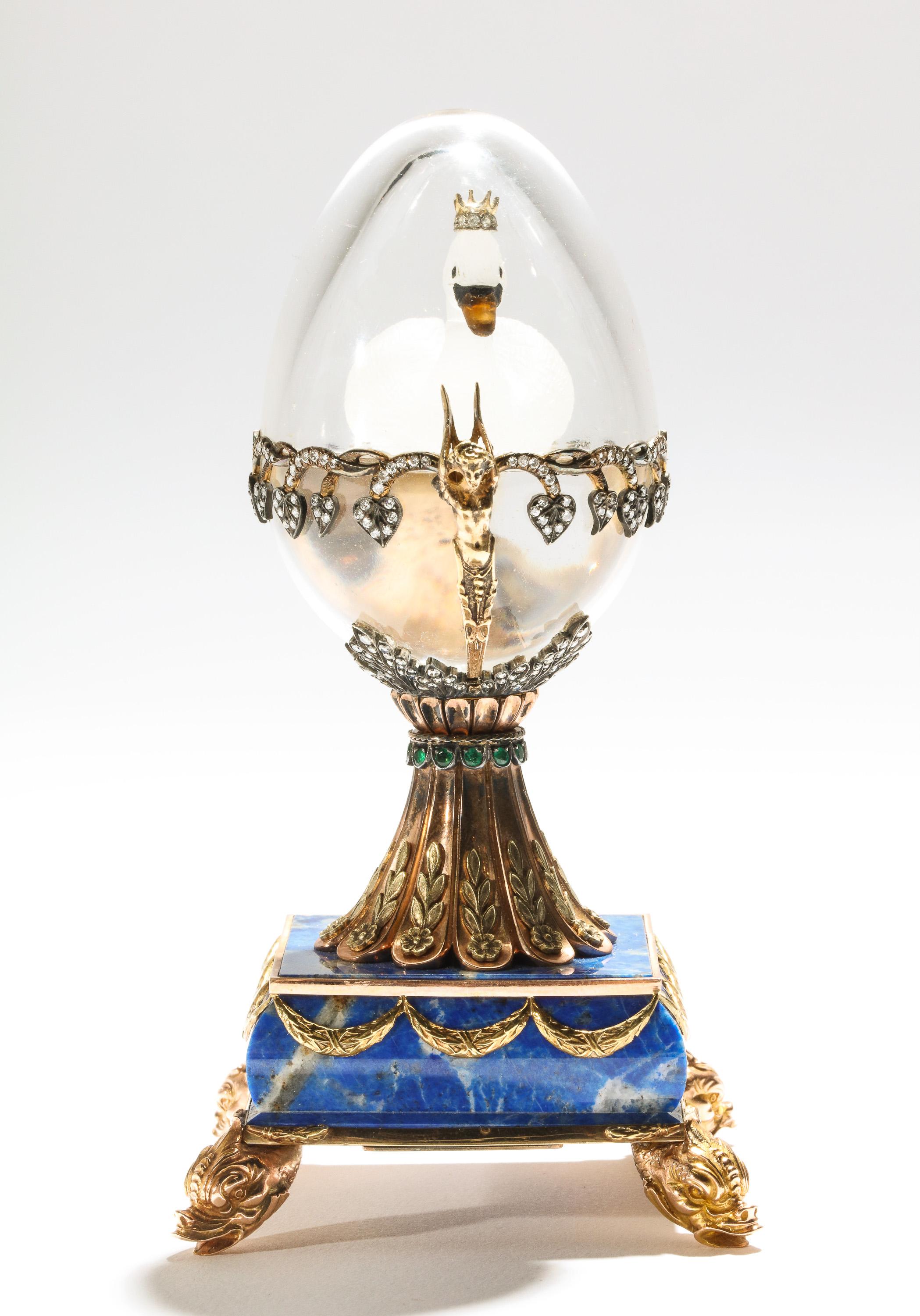 Russian 14-Karat Gold, Diamonds, Emeralds, Lapis Lazuli and Glass Egg with Swan 2