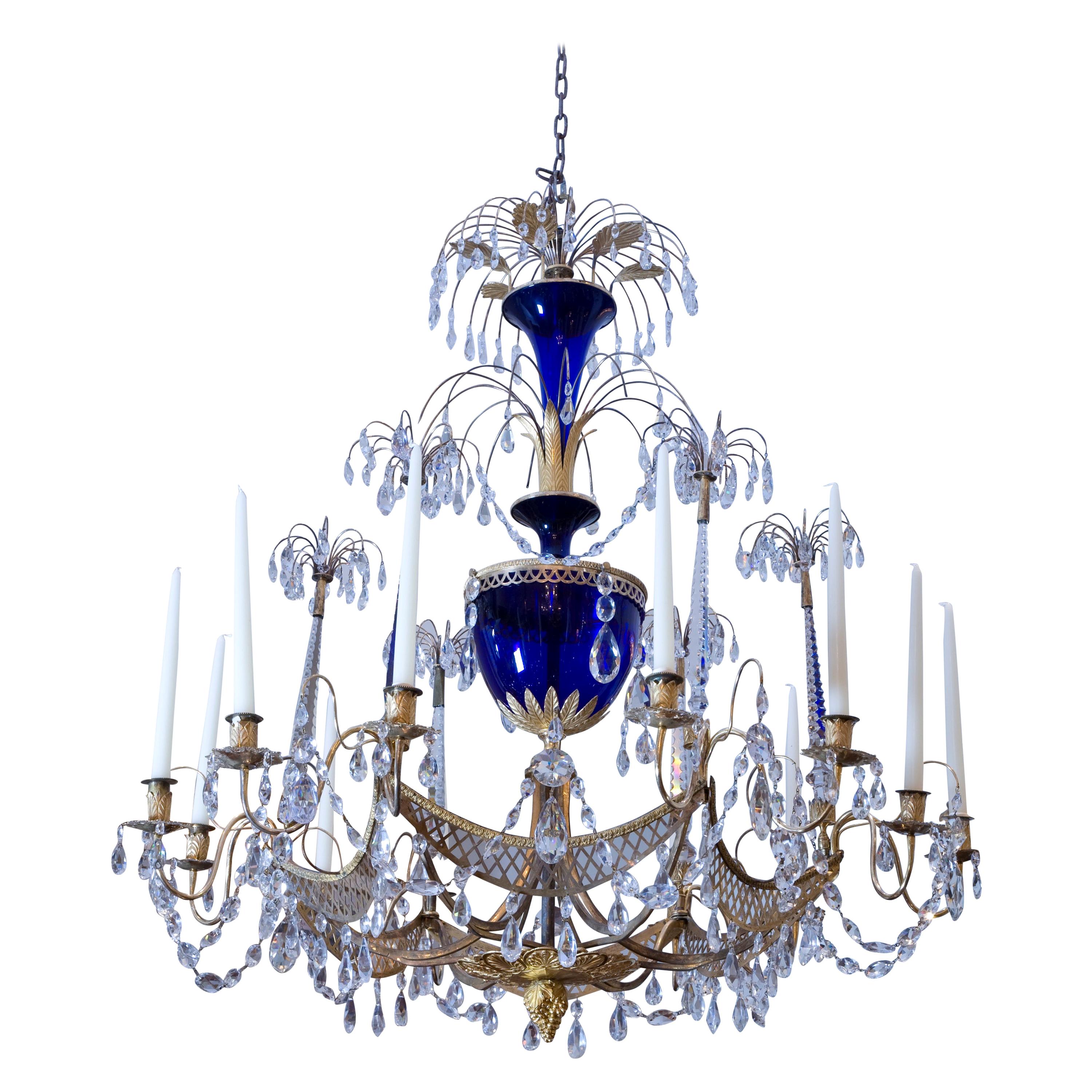 Russian Crystal, Cobalt Glass and Gilt Bronze Chandelier Attributed to Zekh