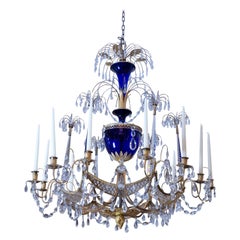 Vintage Russian Crystal, Cobalt Glass and Gilt Bronze Chandelier Attributed to Zekh