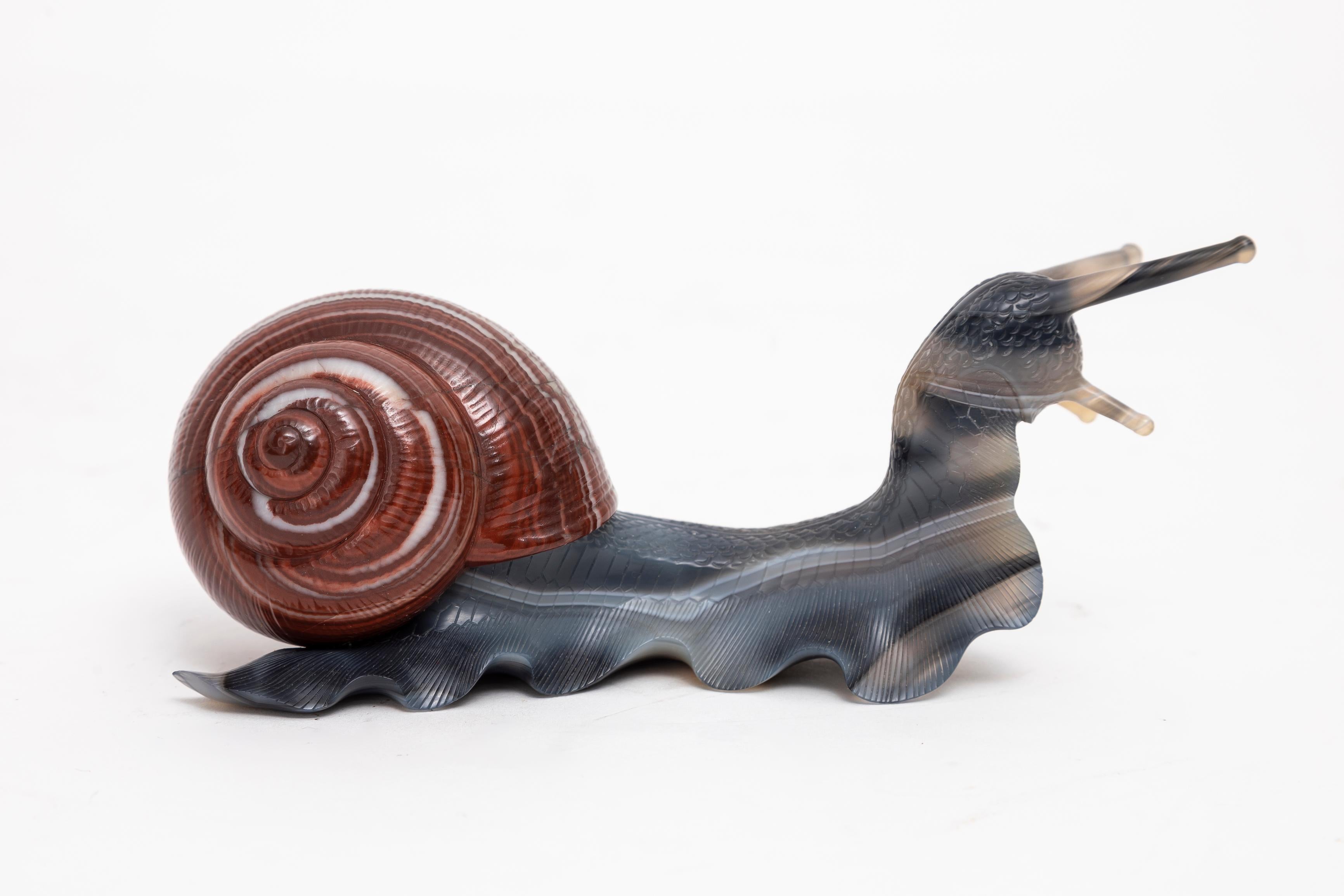 19th Century A Russian Hand-Carved and Hand-Polished Banded Agate Snail, Att. Faberge
