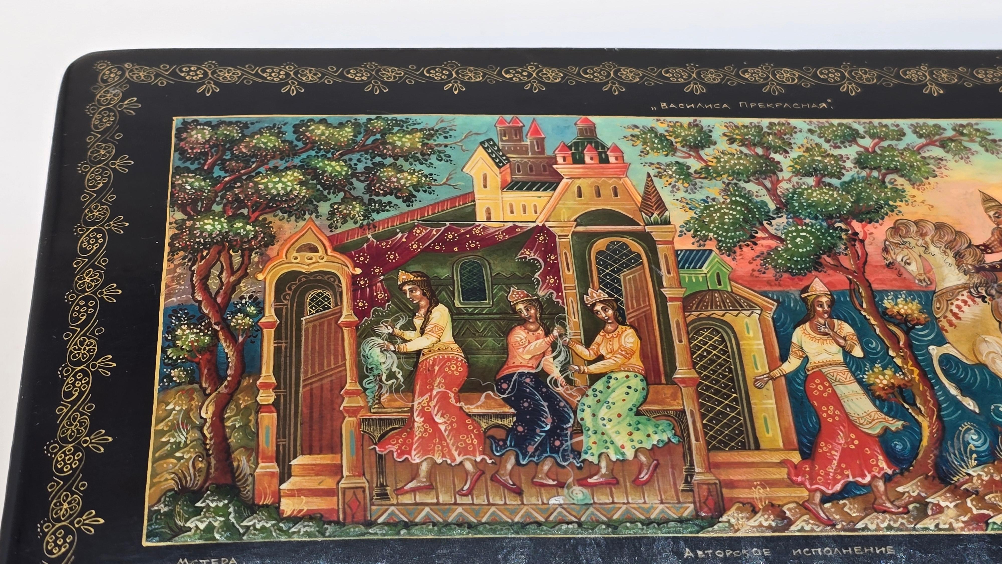 Lacquer A Russian hand painted papier mâché box decorated with intricate scenes C1920 For Sale