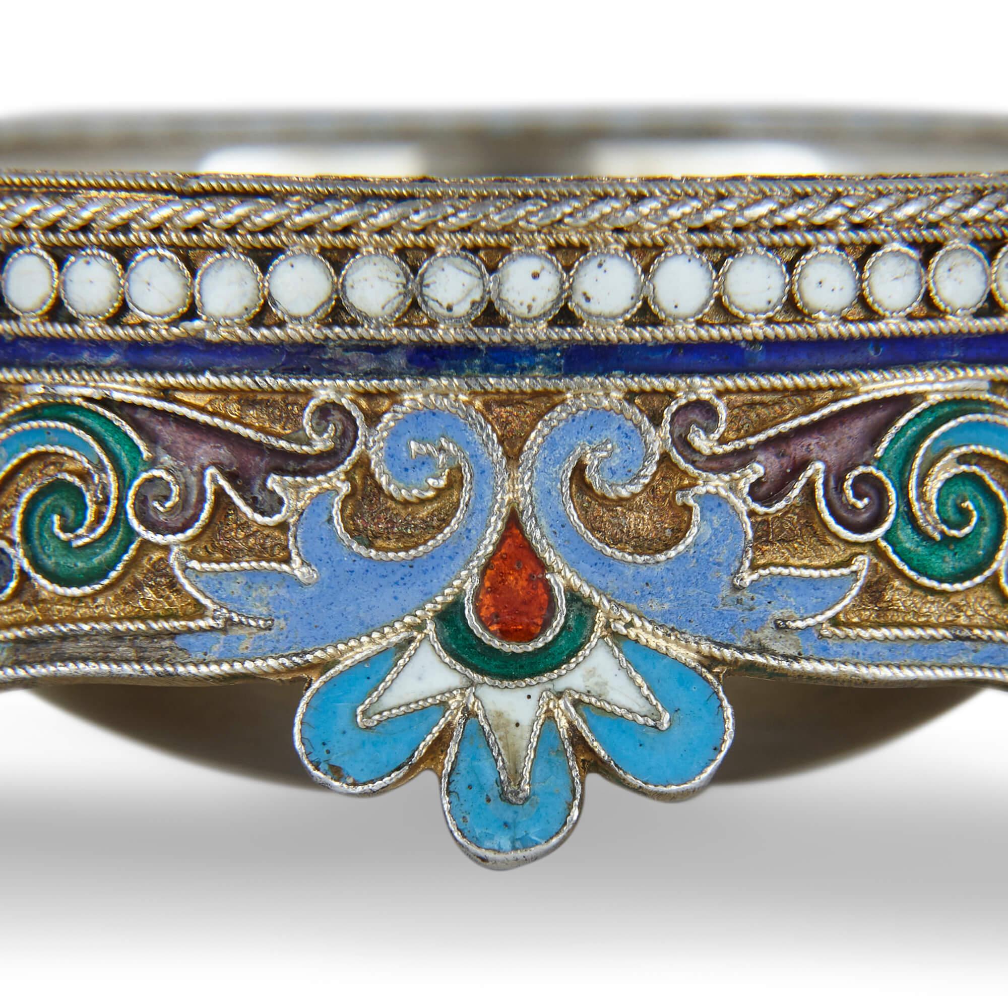 Russian Silver-Gilt and Cloisonné Enamel Open Salt and Spoon In Good Condition For Sale In London, GB
