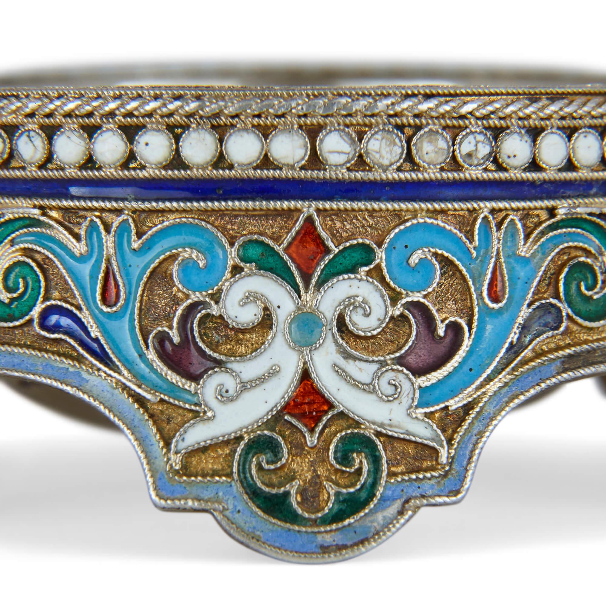 19th Century Russian Silver-Gilt and Cloisonné Enamel Open Salt and Spoon For Sale