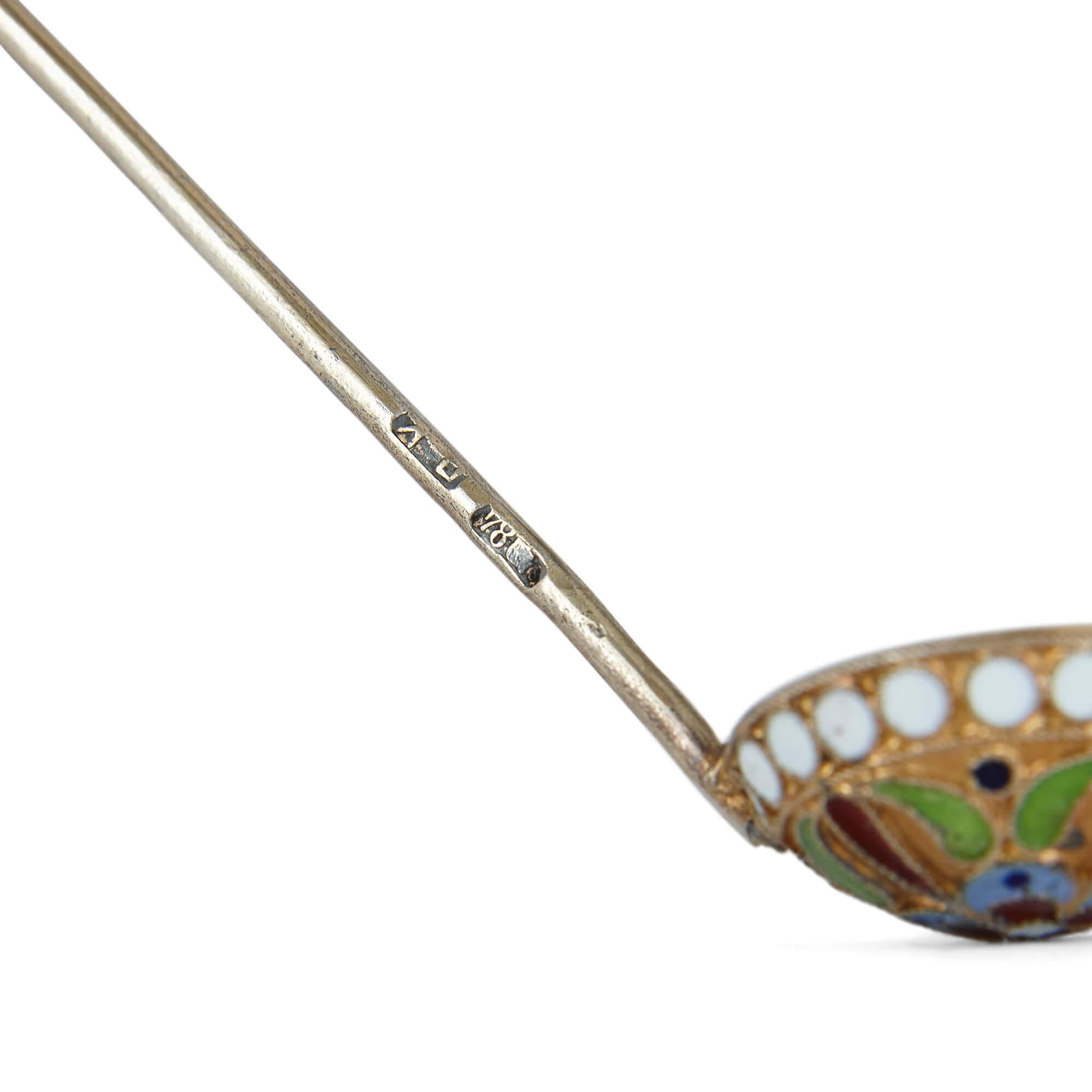 Russian Silver-Gilt and Cloisonné Enamel Open Salt and Spoon For Sale 1