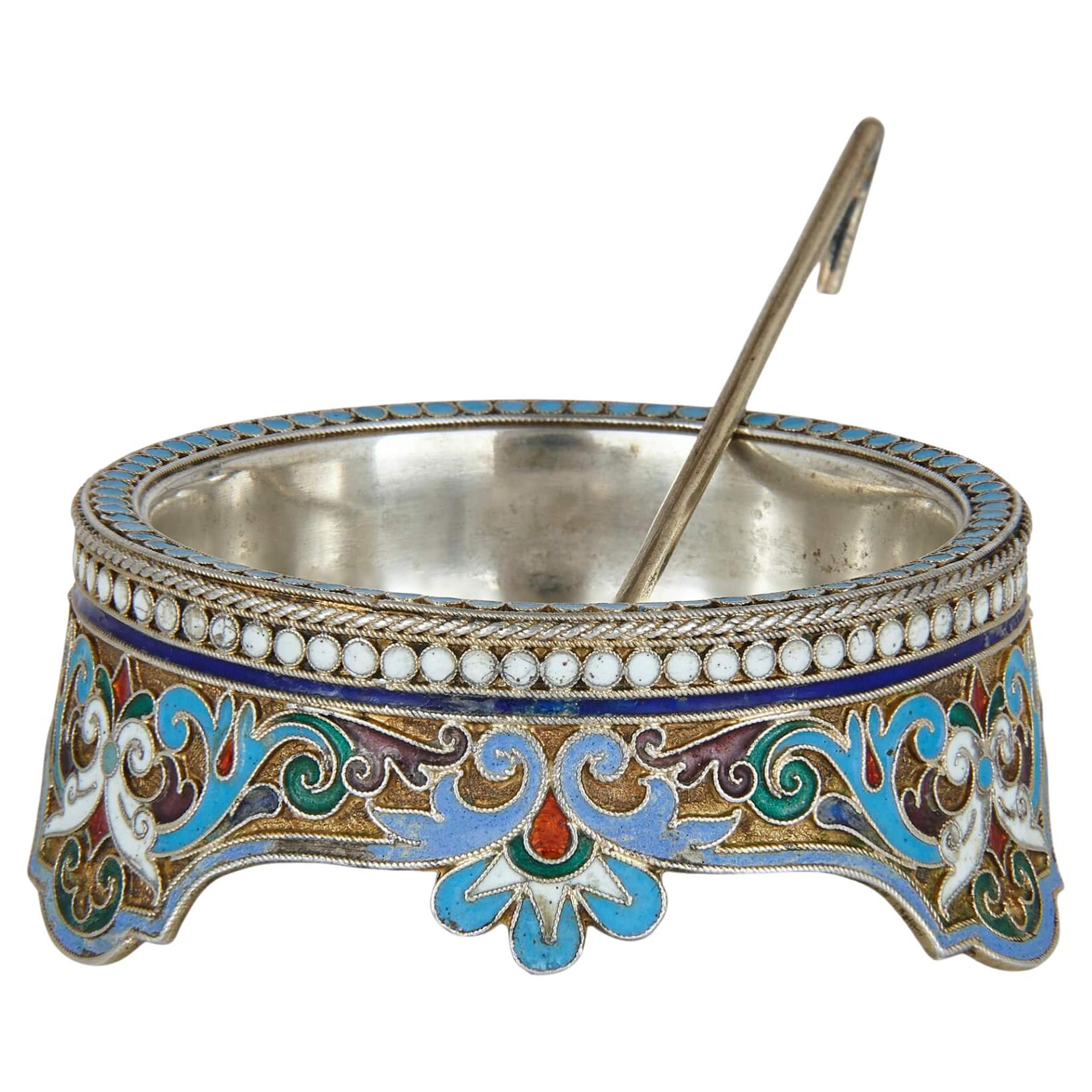 Russian Silver-Gilt and Cloisonné Enamel Open Salt and Spoon