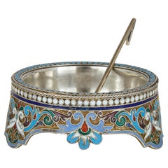 Used Russian Silver-Gilt and Cloisonné Enamel Open Salt and Spoon