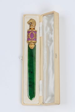 Russian Silver-Gilt, Diamonds, Nephrite, and Guilloche Enamel Letter Opener