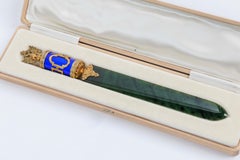 Russian Silver-Gilt, Diamonds, Nephrite, and Guilloche Enamel Letter Opener