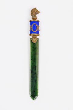 Russian Silver-Gilt, Diamonds, Nephrite, and Guilloche Enamel Letter Opener