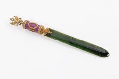 Russian Silver-Gilt, Diamonds, Nephrite, and Guilloche Enamel Letter Opener
