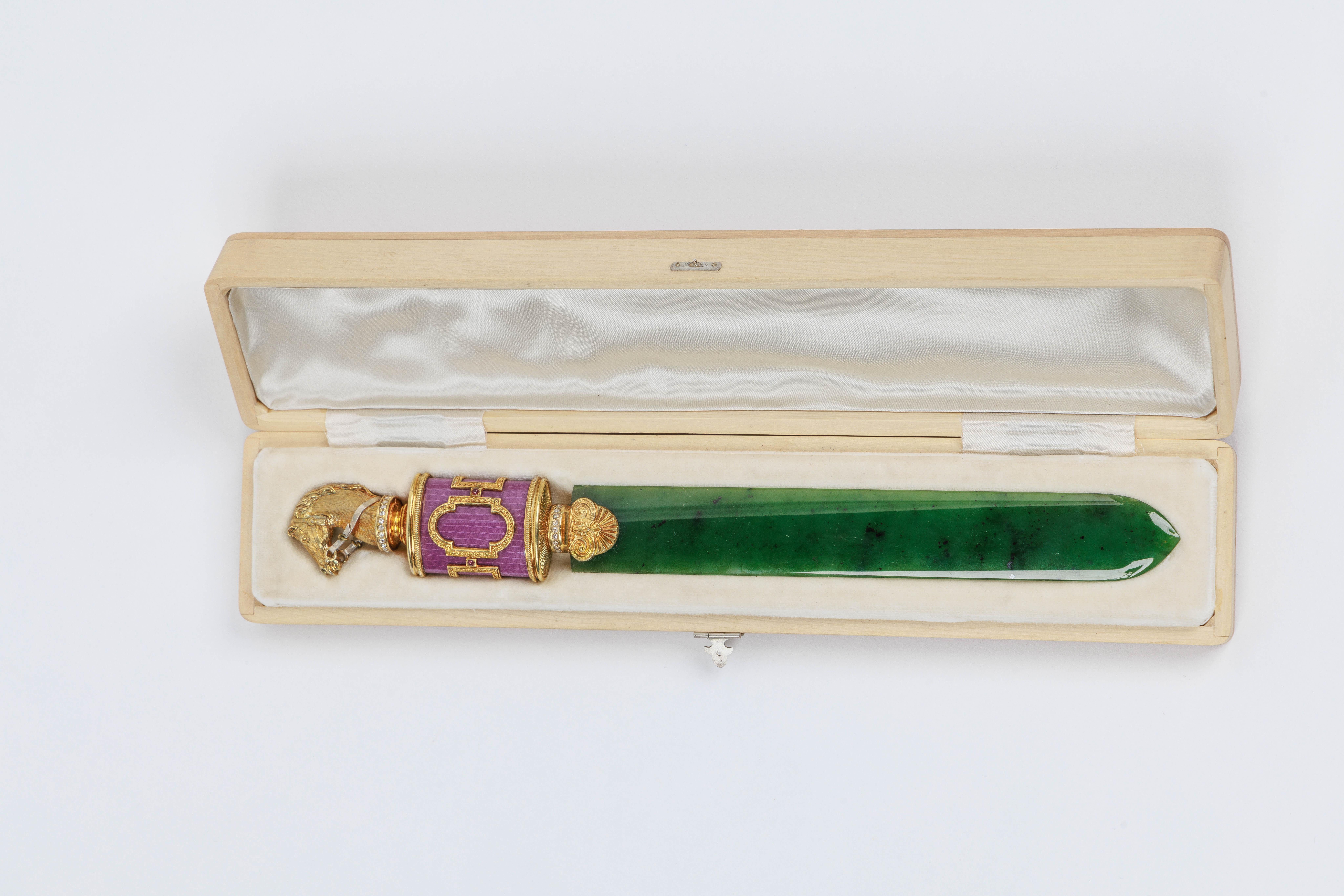 Russian Silver-Gilt, Diamonds, Nephrite, and Guilloche Enamel Letter Opener In Good Condition In New York, NY