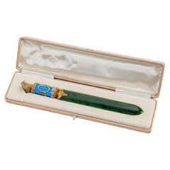 Russian Silver-Gilt, Diamonds, Nephrite, and Guilloche Enamel Letter Opener