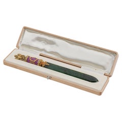 Vintage Russian Silver-Gilt, Diamonds, Nephrite, and Guilloche Enamel Letter Opener