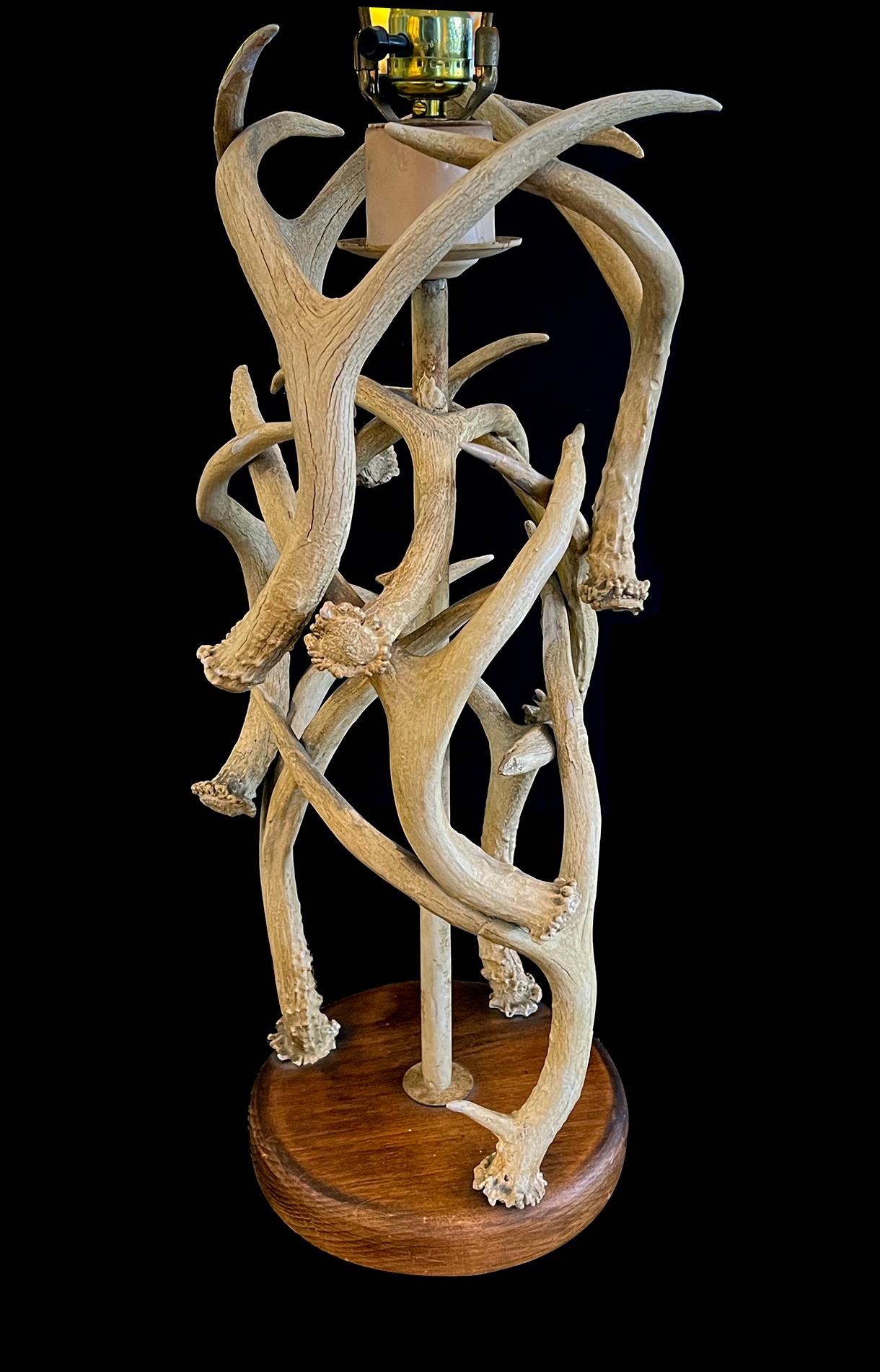 composed of interlocking antlers resting on a circular wooden base