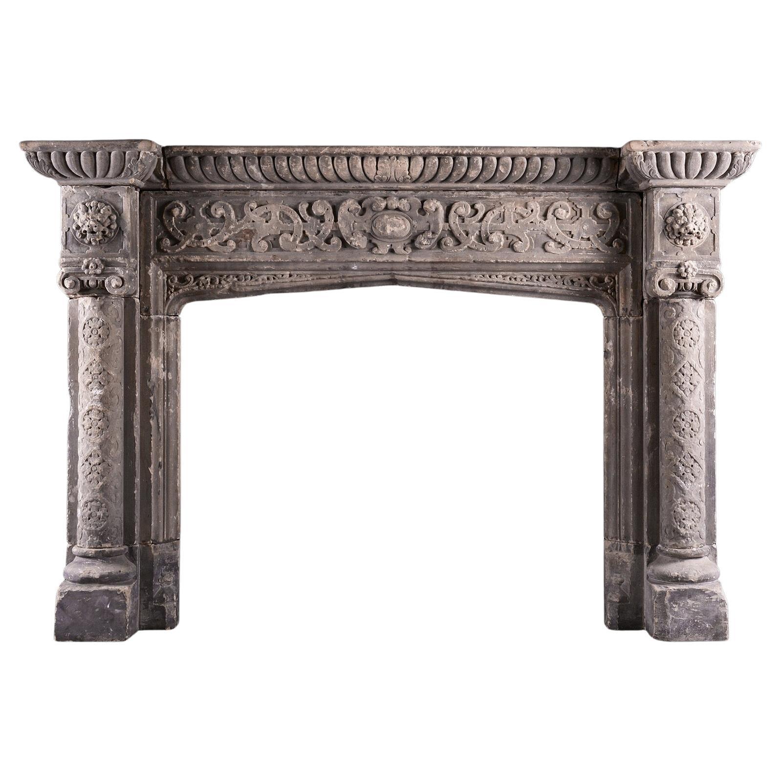 A Rustic Neo-Gothic Stone Fireplace