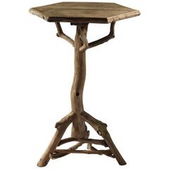 Antique Rustic Stag Oak Occasional Twig Table with Hexagonal Top and Tripod Base