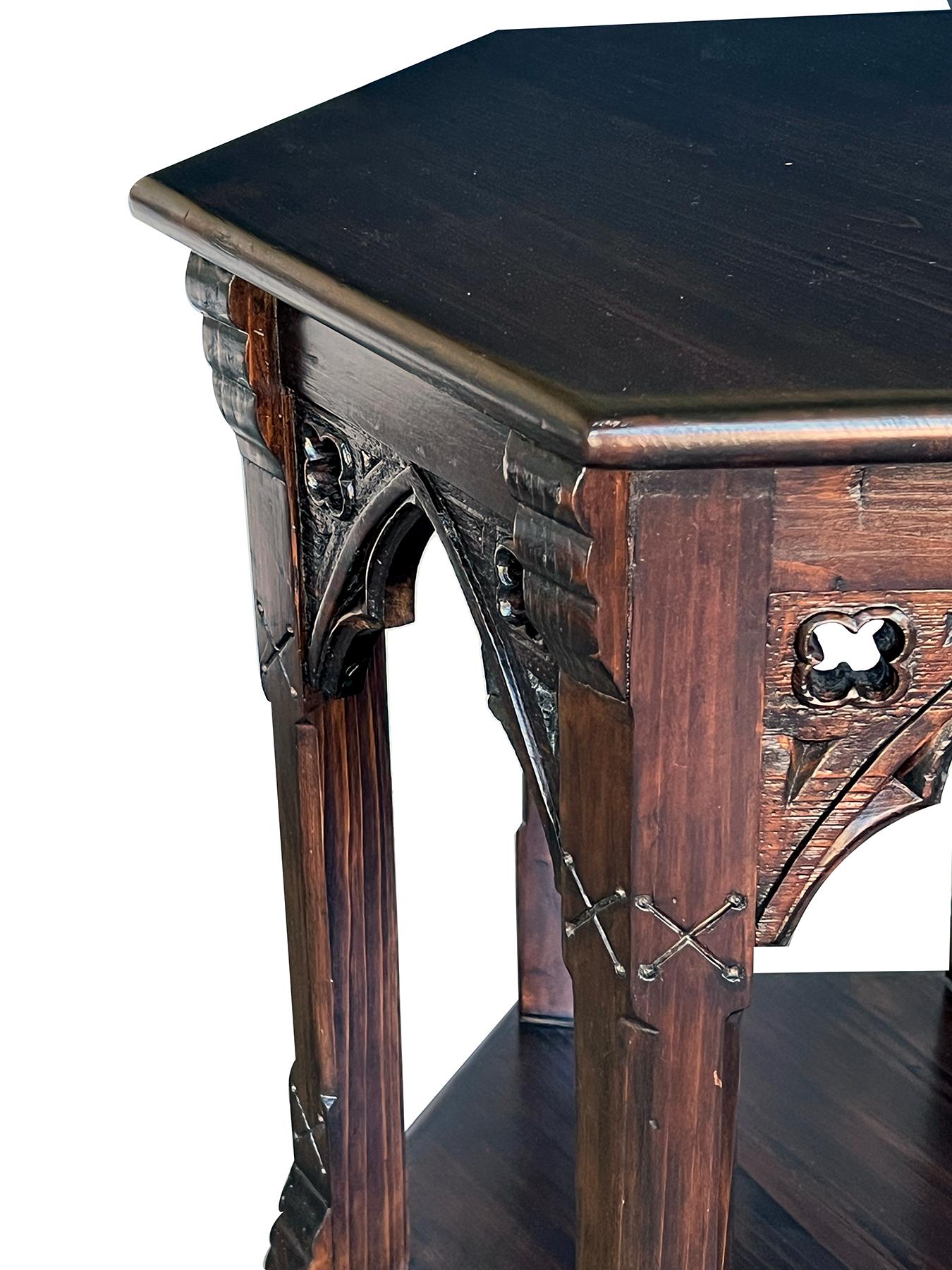 North American A Rustic Stained Pine Octagonal Neo Gothic Side Table