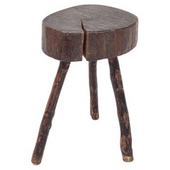 A Rustic Tripod Stool, Elm Slab Top & Natural Finish Branch Legs, France