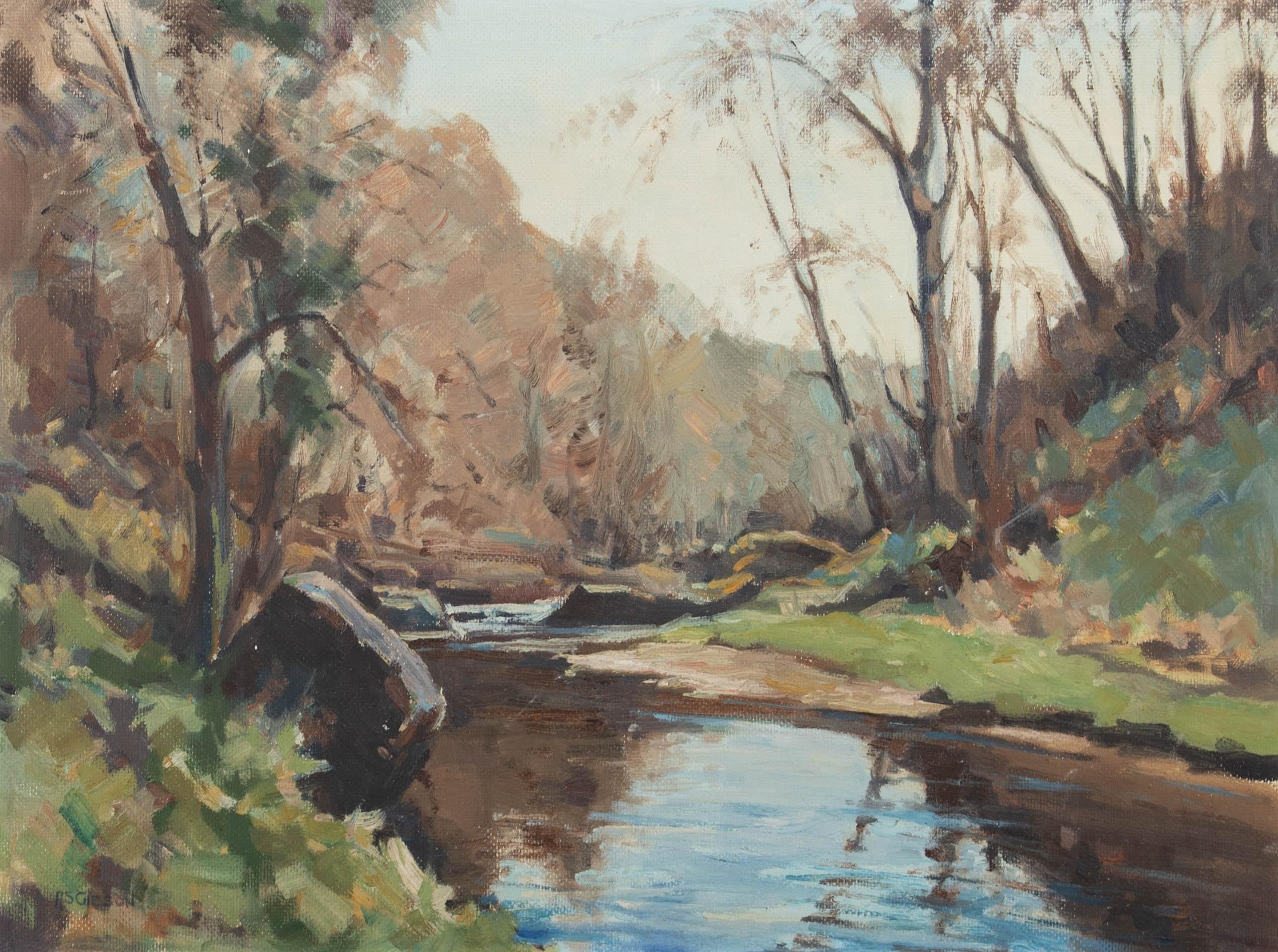 Depicting a calm river running through a woodland area. The artist has captured the scene in gestural, sweeping brush strokes and a muted colour palette, adding to the relaxed atmosphere of the composition. Signed to the lower left. Presented in a