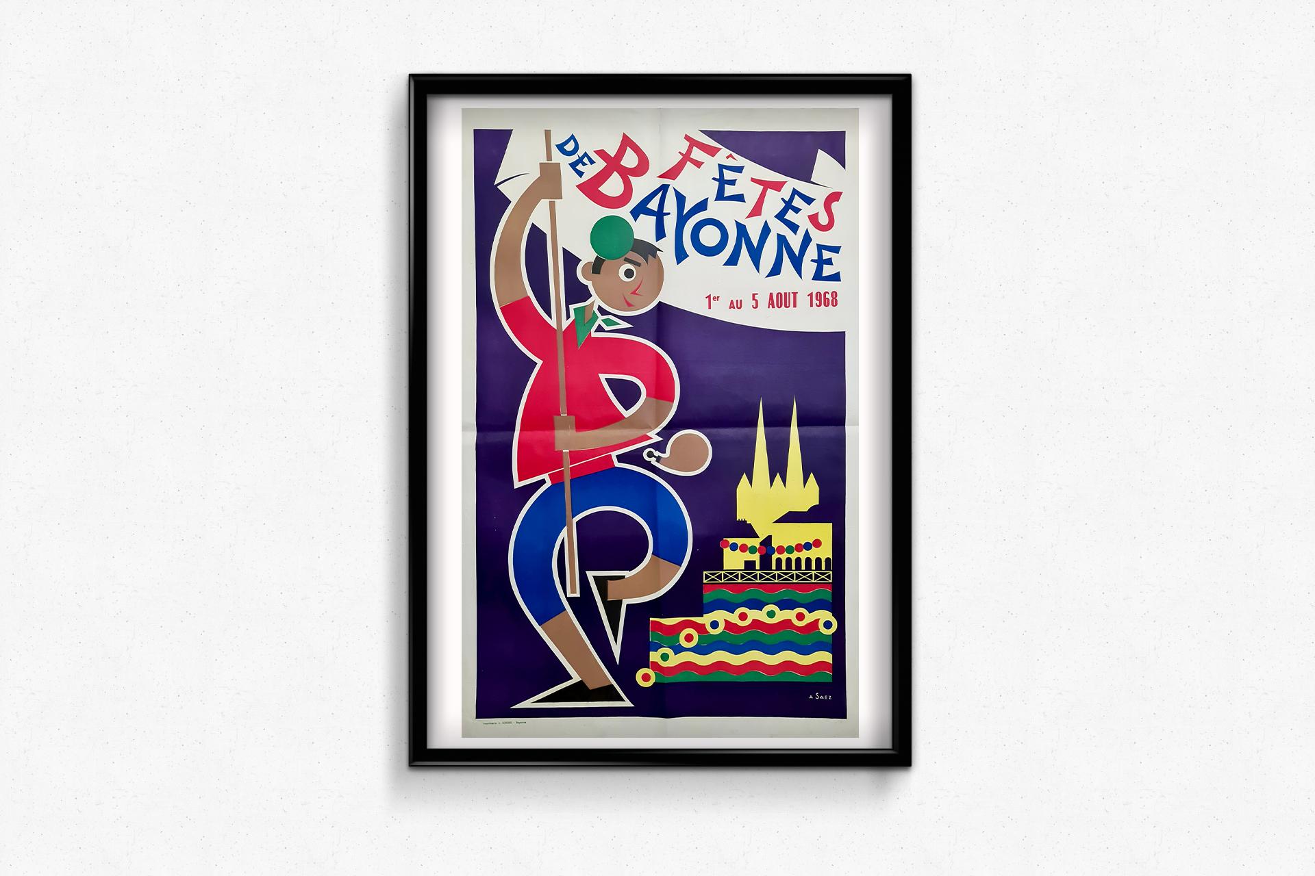 Originalplakat von A. Saez aus dem Jahr 1968 - die Fêtes de Bayonne im Angebot 3