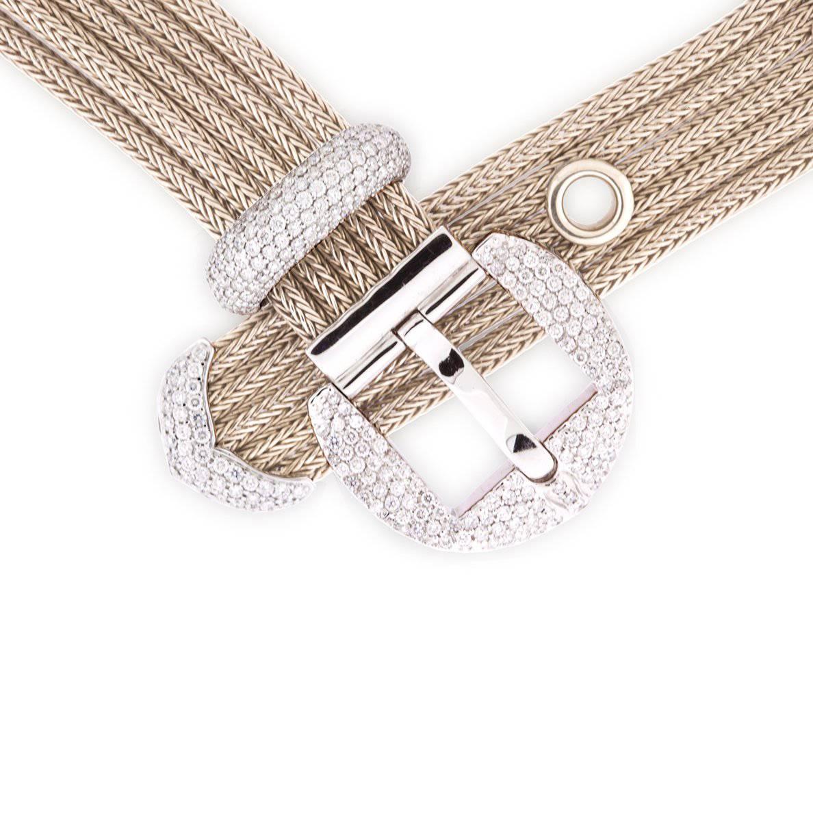 A "Samuel Getz" 18 Karat White Gold Double Double Wraparound Buckle Bracelet with a functional Buckle and Loop Featuring 5 Strands of Foxtail Mesh Chain and [291] Pavé Set Round Brilliant Diamonds with a Total Weight of 2.24 Carats of F