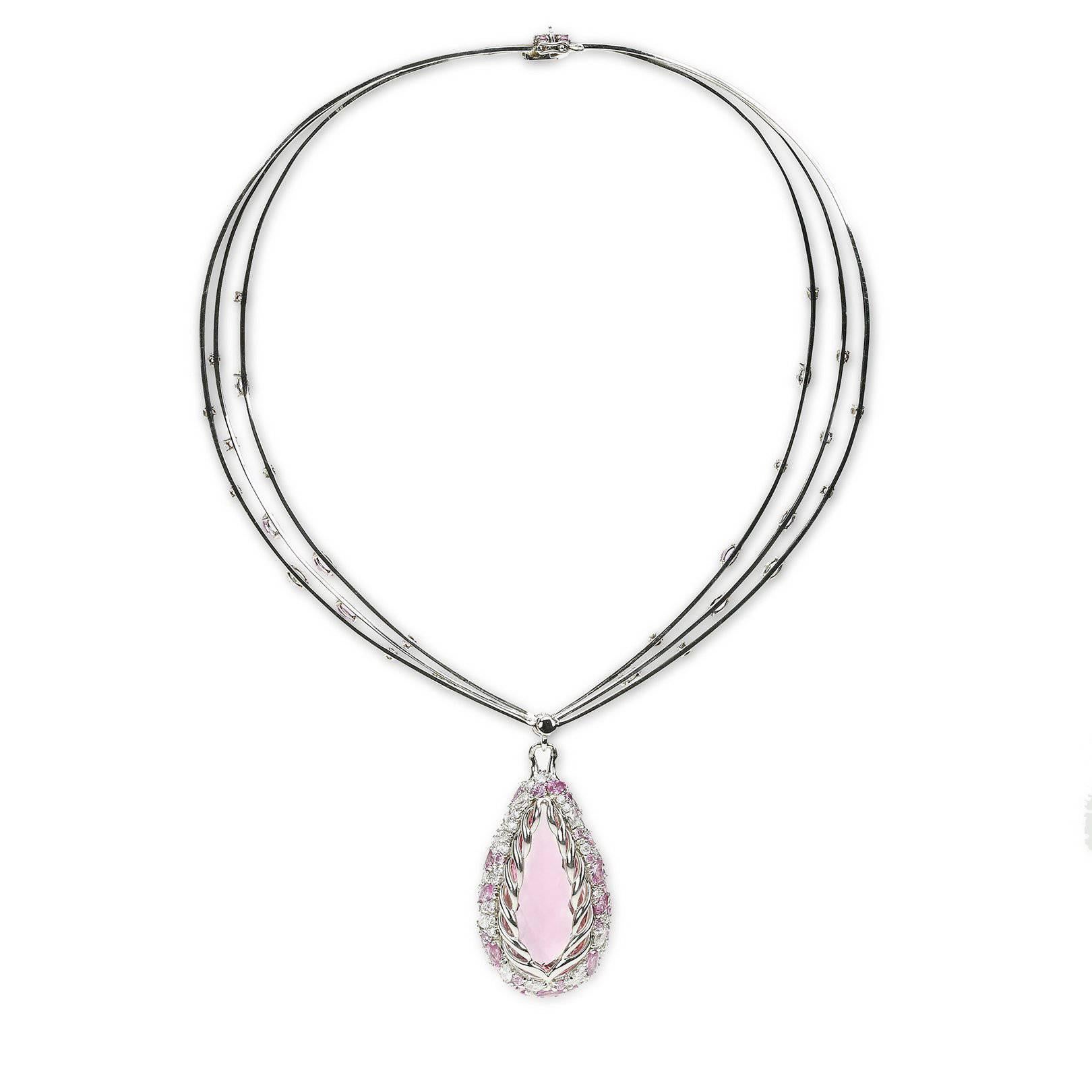 A "Samuel Getz" Platinum Choker and Pendant Featuring an Exceptional and Extraordinary Rare Mixed Cut Pear Shaped Morganite, 50.15 Carats [37.50 x 19.58 x 14.11 mm.], 85 Round, Marquise and Pear Shaped Pink Sapphires, 13.59 Carats, and 84