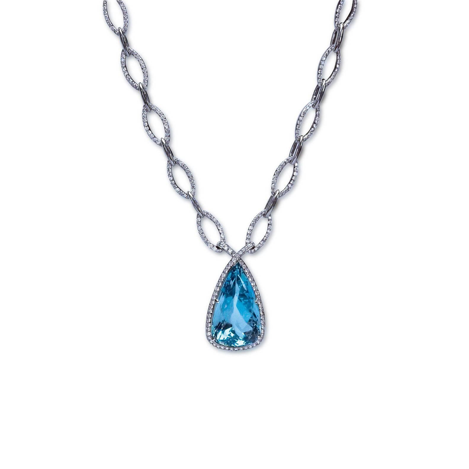 A "Samuel Getz" 18 Karat White Gold Necklace Featuring an Exceptional Pear Shape Aquamarine, 27.97 Carats [28.78 x 16.45 x 11.96 mm.] [Santa Maria] and 608 Round Brilliant Cut Diamonds, 6.38 Carats of E - F Color and VVS1 - VS1 Clarity.