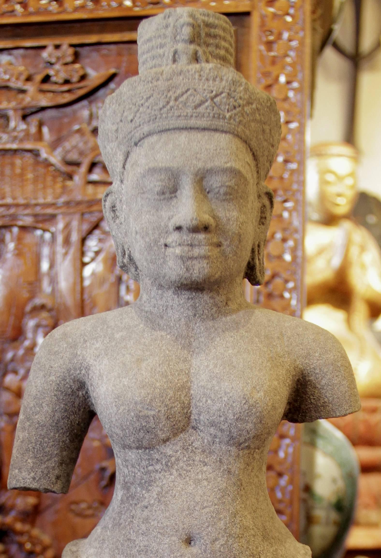 This sandstone figure of Uma is from Cambodia.

Uma is the Hindu goddess of fertility, love and devotion; as well as of divine strength and power. Known by many other names, she is the gentle and nurturing aspect of the Hindu goddess Shakti and