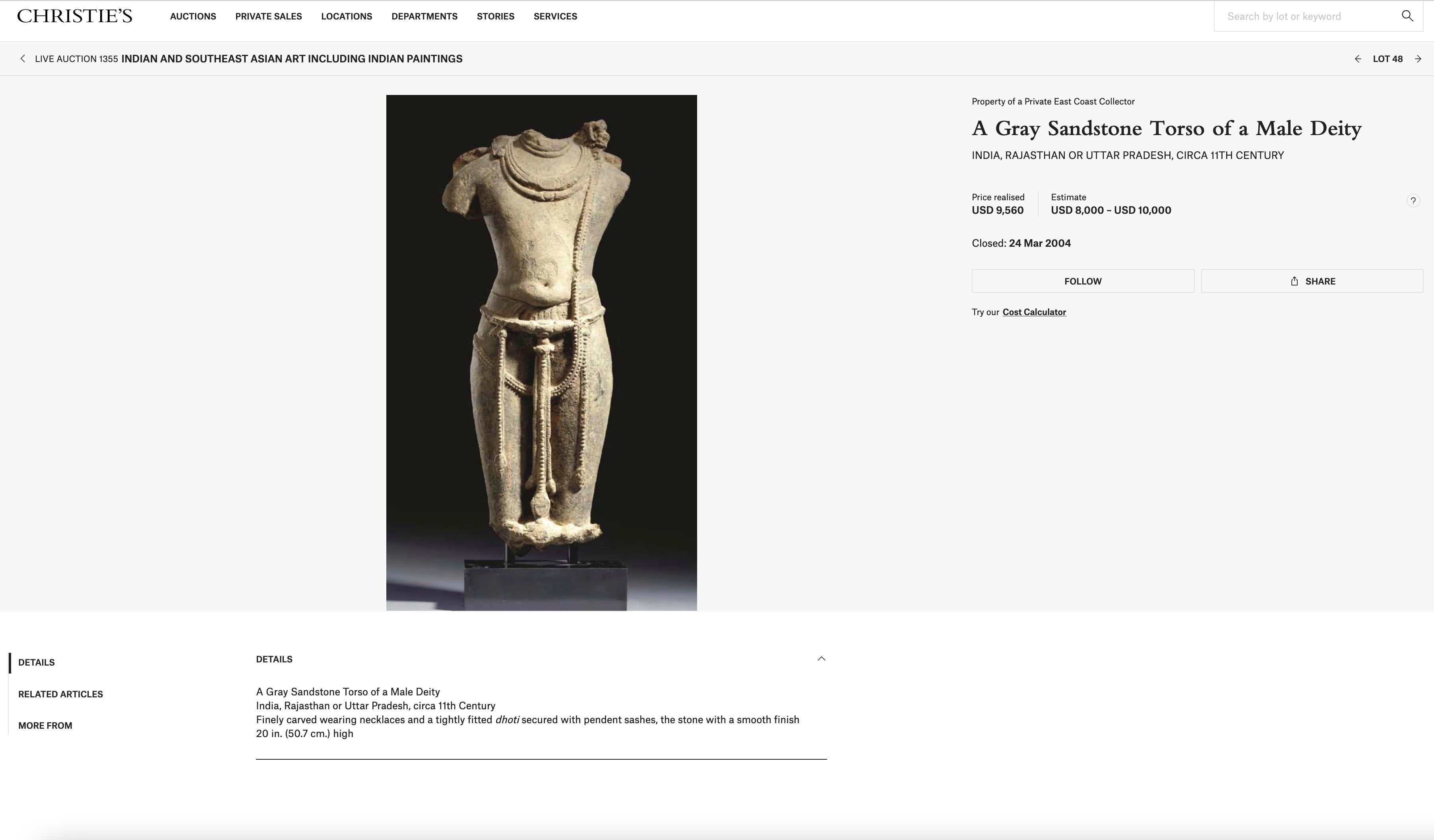 18th Century and Earlier Sandstone Torso of a Male Deity  Possibly Vishnu, Circa 10-11th Century
