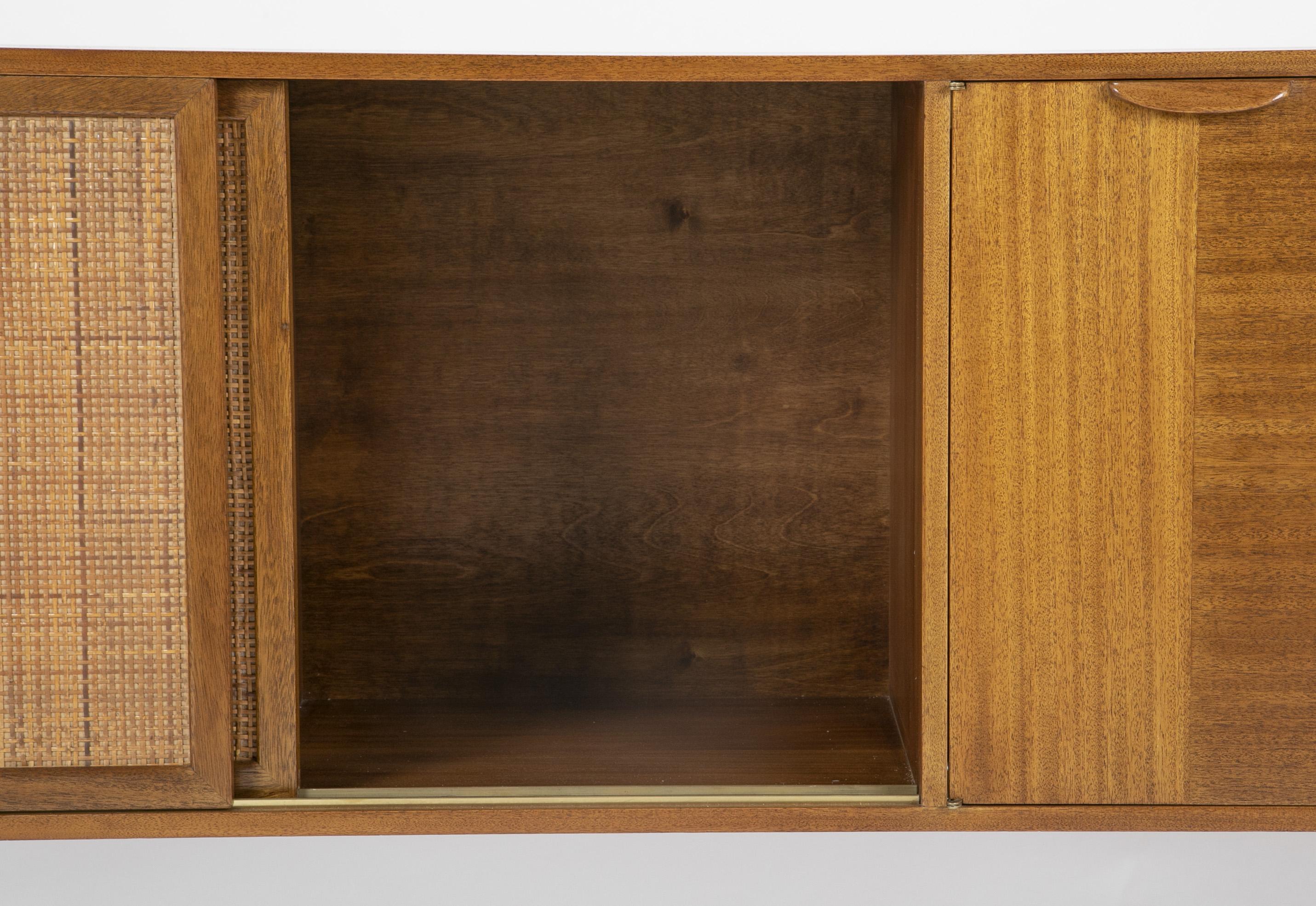 Sapele Mahogany Cane and Brass Credenza Designed by Harvey Prober 1